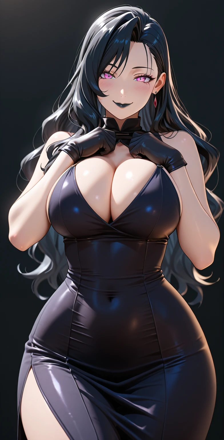 Masterpiece, highres, high Quality, detailed face, detailed body render, 1girl, solo, hyuuga hinata, hinata-sleeveless-outfit, large breasts, big breast, sleeveless shirt, fishnet top, dark lips, unzipped jacket, no bra, breasts out, nipple, standing, blushes, (on bedroom)