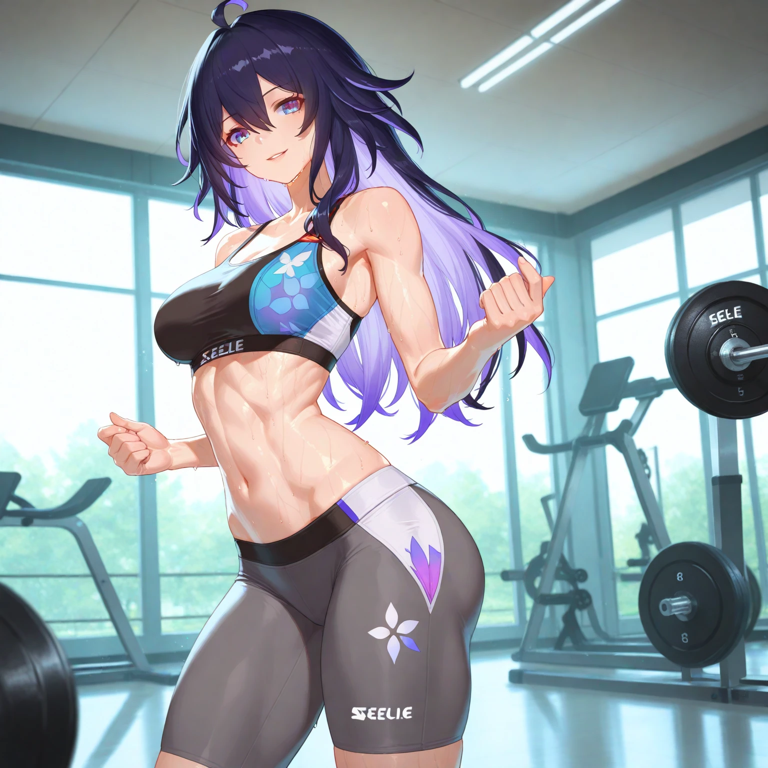 masterpiece), best quality, purple, expressive eyes, , purple perfect face, gym, workout, hot, sweating, sweaty, tan, big , tan skin, flustered, purple, purple clothes, blush, purple gym clothes, inside gym, see thru, exercise machines , sitting on exercise machines , yoga pants, black hair, backview , curvy woman , black hair, purple eyes ,, exercise ball , sitting on exerciseachine, exercise machines purple pants ponytail, purple ,purple clothes, purple pants, curvy woman, curvy, exercise machines , massive breasts, massive ass, curvy milf, inside gym, one woman, feet, socks, sitting, white socks, wearing white socks, exercise machines , sitting on exercise machines , lifting, lifting weights , sfw