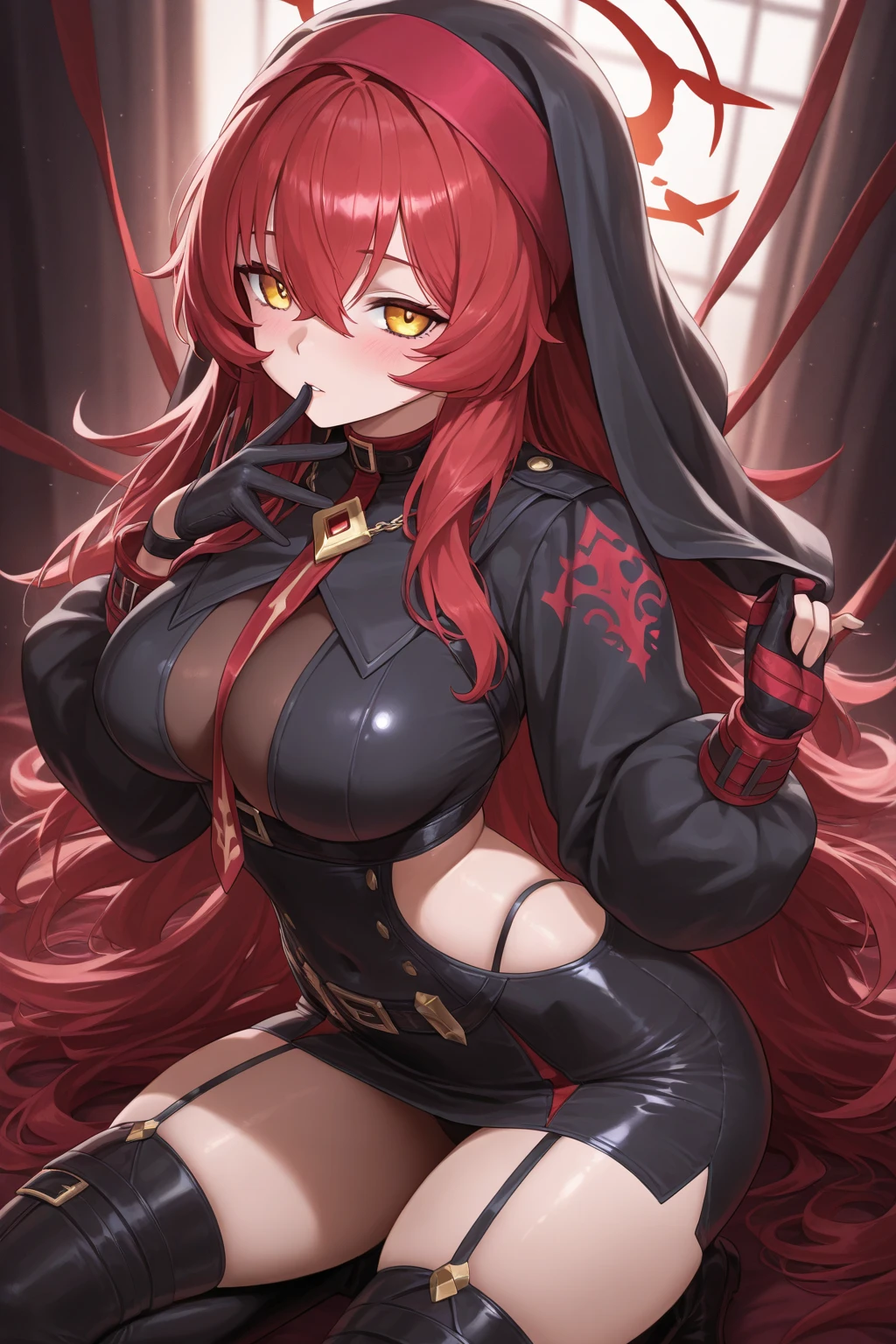 Gorgeous girl, Nice ass, beautiful big breasts, Thin waist, open legs, high facial detail, monastic, nun costume, church, cathedral, ((red long hair)), A high resolution, Masterpiece, high quality, ultra detailed, A high resolution, tattoo on stomach, tattoo on the chest, tattoo all over the body, 