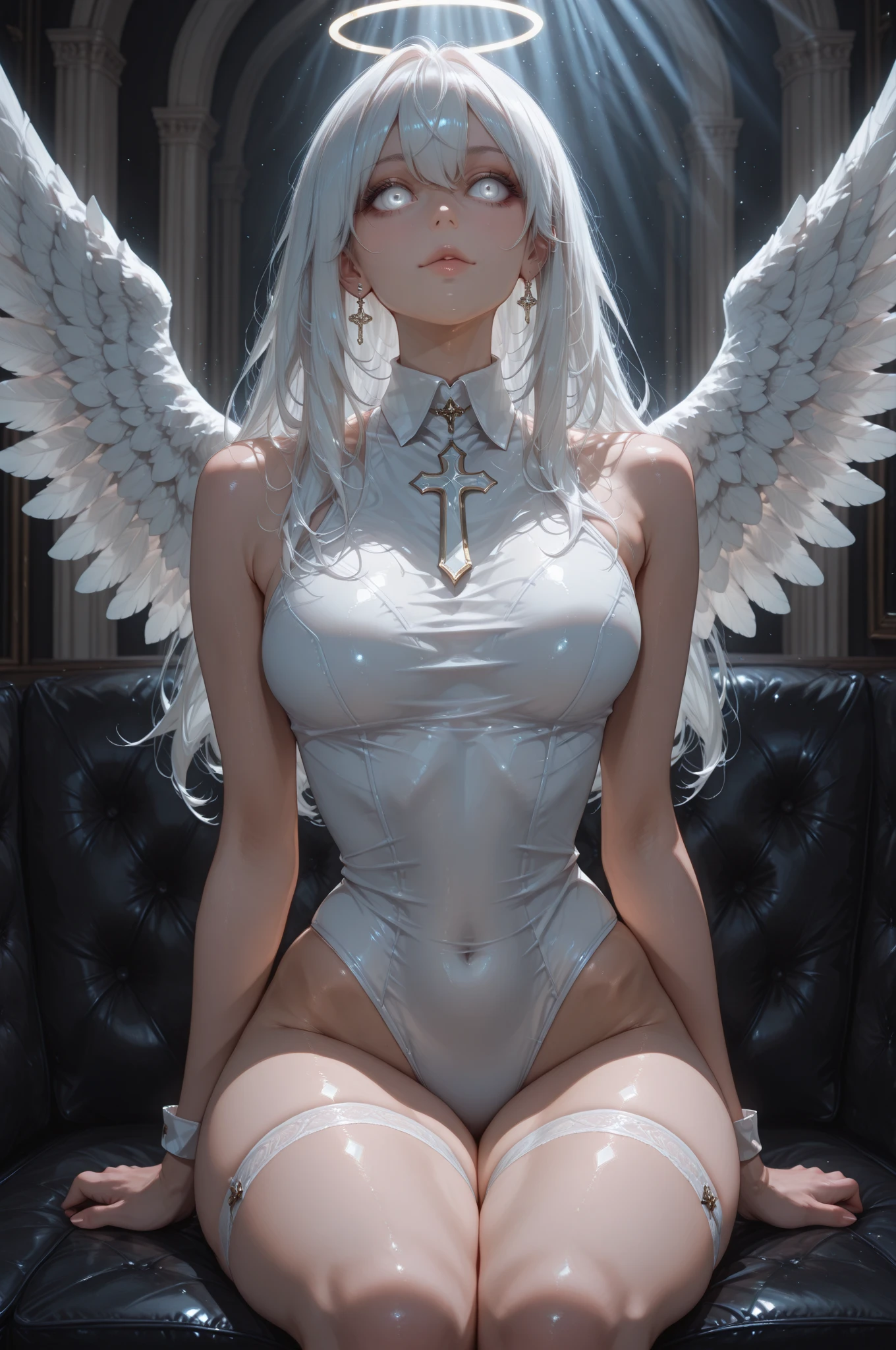 gray eyes, white hair, dark skin, lascivious look, muscular, very voluptuous, full body, big legs, very small waist, huge breasts, very lascivious, angel costume, More lascivious, More lascivious, blowjob