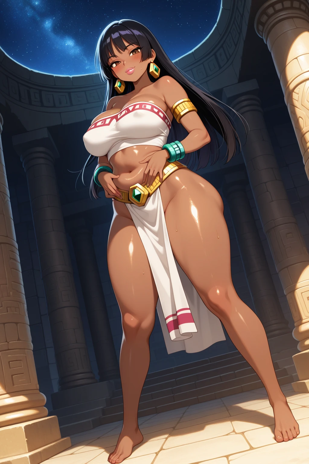 woman from ancient Egypt, 1female, ((milf, mom, mature, mature woman,  45 years old female, adult)),

(large breasts:1.5), saggy breasts, (((black hair:1.4, straight hair, long hair:1.4, colored inner hair))), ((yellow eyes, beautiful detailed eyes, half open eyes, bright eyes, perfect eyes)), (((dark skin:1.4, tanned skin, lustrous skin:1.5, glossy skin, wet skin,  sweating, shiny skin, shiny body))), spider lower abdomen, narrow waist, wide hip, bimbo body), inflated legs, (delicate detailed fingers), ((hand consists of a short thumb and four fingers, hand with just five fingers)), hand reference, 

(cute, slutty, sensual, seductive look, seductive, erotic, enchanting, nsfw),

revealing clothing, show skin, cleavage, (barefoot,),princess, goddess, beautiful white clothes, fantasy, white silk, (robe top),  (eyes shadow), (egyptian makeup), eyelid makeup, (eyes shadow), (gold lips), gold lipstick,  (Transparent cloth:1.1, detailed outfit), 

dynamic pose, looking at viewer, (smirk, beautiful smile), (full height), full body,

outdoors, pillars, ((pillars background, egyptian palace, egyptian palace background)), detailed background, extremely detailed background, (puddles everywhere, moss, moss on the background), 

(best quality), (high resolution), (sharp focus), (ultra detailed), (extremely detailed), (extremely high quality artwork), 8k_wallpaper, (extremely detailed CG 8k),(very fine 8K CG), ((hyper super ultra detailed perfect piece)), flawless, (((masterpiece))), illustration,

(dynamic lighting), dynamic light, sunshine, sun rays, god rays, cinematic light, , (textile shading) , (cinematic shadow), vibrant colors,