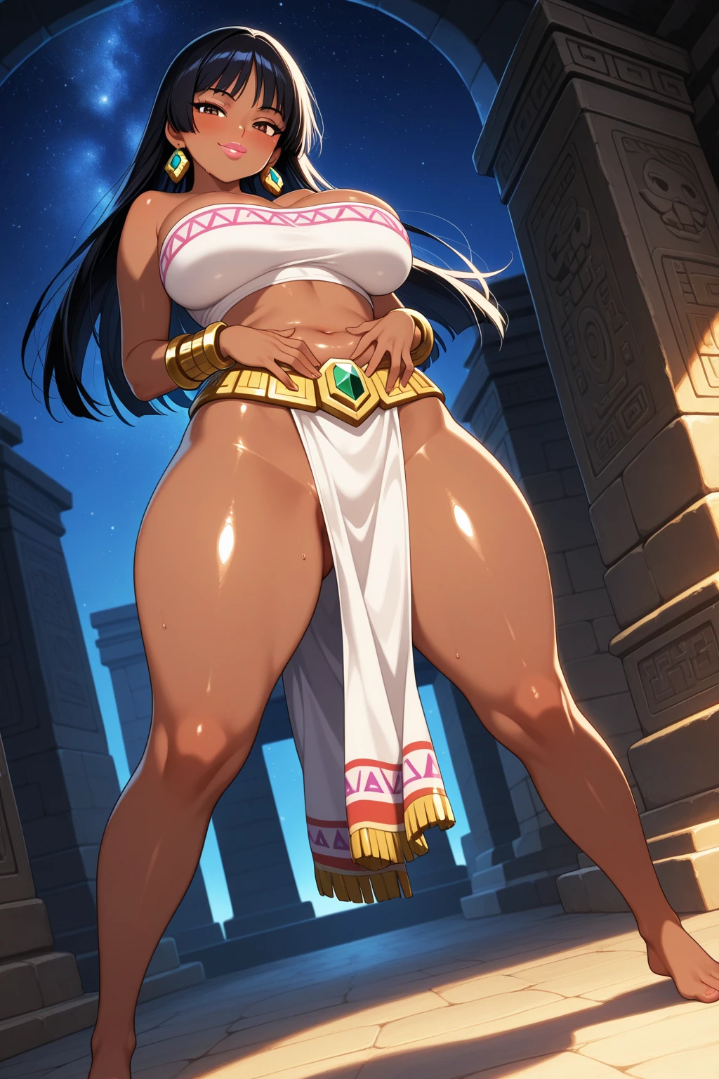 By bebebebebe, by lostgoose, by goonie-san, female, ((canine, snout, hair covering eyes, straight hair, medium hair, flat hair, ears, thin snout)), brown fur, big poofy tail, raised tail, dark maroon hair, ((muscular)), (big breasts), solo, standing, facing viewer, ((big flowy pink dress, golden jewelry, gold pendant, gold wristbands, golden crown)) sexy pose, hands behund head, blep, holy light, heaven, heavenly, clouds