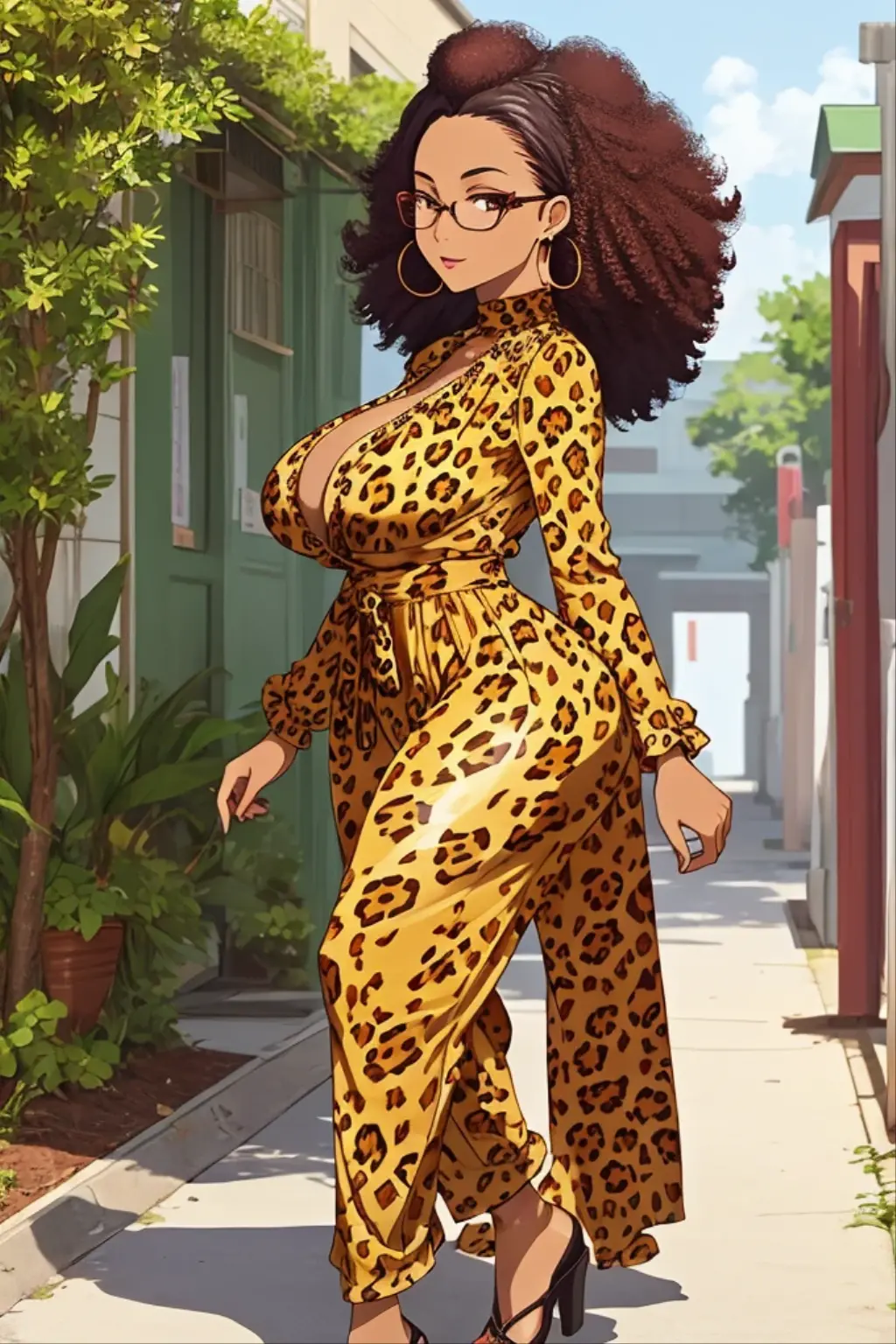 masutepiece, Best Quality),Detailed face, Detailed eyes, eye glass、big afro、forehead、large earring、 Curly hair, Large breasts, Big butt、plump、Elegant woman, leopard print jumpsuit, Wide pants、street, Full body