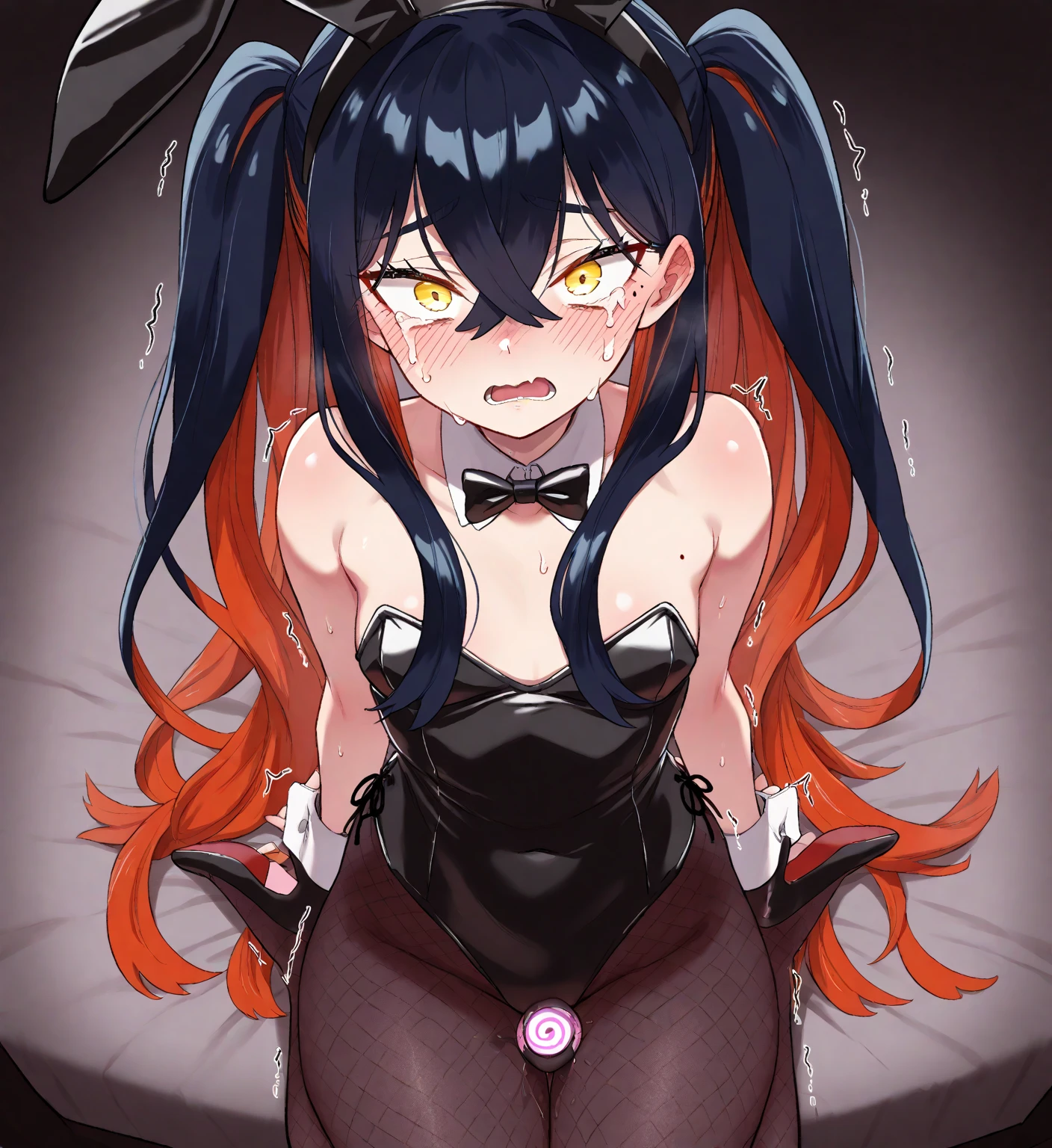 masterpiece, Highest quality, Very detailed, masterpiece, Super detailed, 8K, ,Red and blue twintails,Cute girl, A revealing clown outfit,Pupils dilate, Insanity, Insanityに笑う, Dark aura,Horror Chick,Clown Tattoo