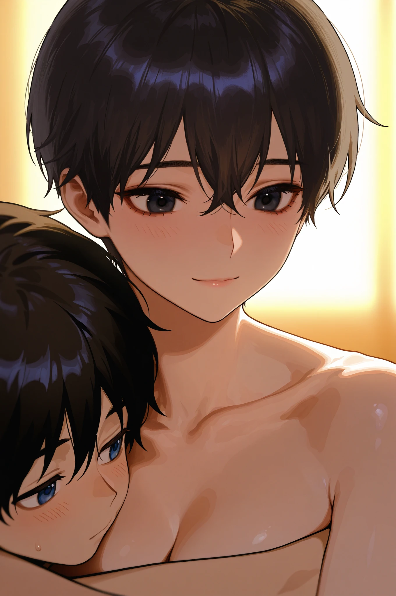 high quality, detailed,(two boys:1.5),(22 years old tanned japanese idol wrestlers), (detailed black eyes), (black short hair), (muscle), (dark brown shiny skin), black tiny thong, bulge,palace bedroom,looking at viewer,(best quality,4k,8k,highres,masterpiece:1.2), (face close up:0.7),(realistic,photorealistic,photo-realistic:1.37),