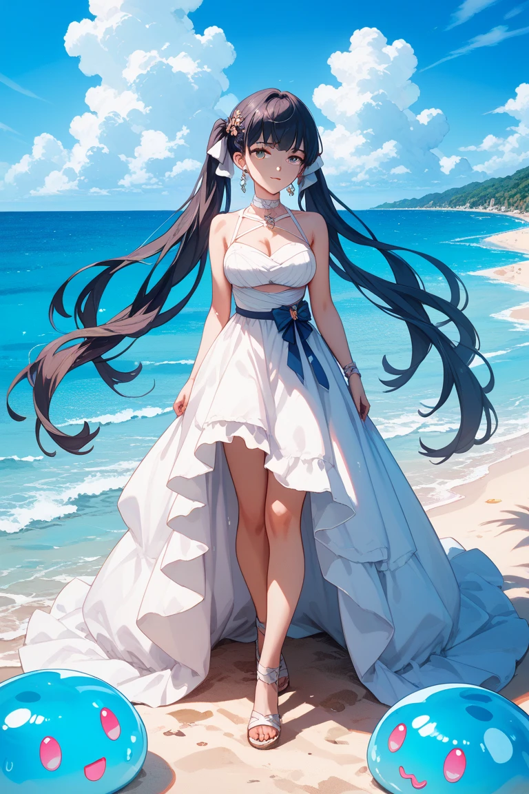 highest quality、Realistic、girl、zoom、Turquoise eyes、Long Curly Hair、Wedding dress、Bridal Lingerie、Tanned black body、Brown black skin、slender、Dark Skin、Flat Chest、、A big smile、Summer Sea、Bust Shot、From below
