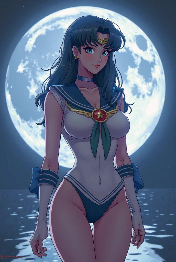 Could you please draw me a female character who is more like a 2000s-style Sailor Moon, with a dot on the left side under the eye, pouty skin, black hair, and light blue eyes with a haughty cat style?