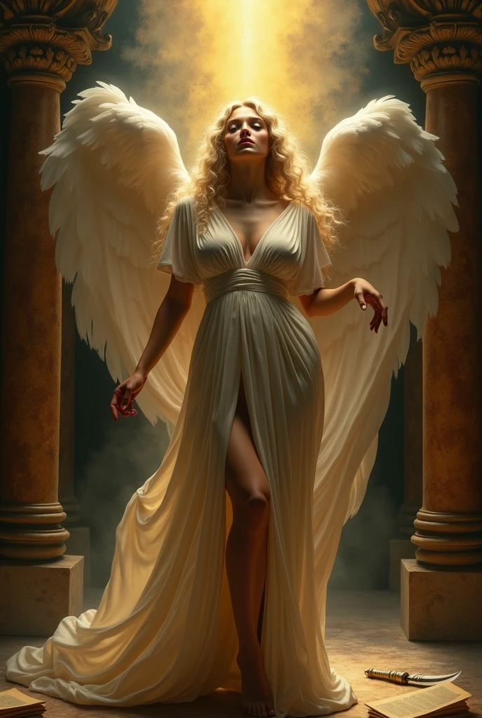 angel, Jayne Mansfield, age 25, platinum blonde hair, halo, large pair of white wings, sheer silk breast drapes, well defined labia emitting holy light, holy sword, holy corona, majestic pose, cathedral, crowded, intricate details, cinematic lighting, dramatic, photorealistic, 8k, masterpiece
