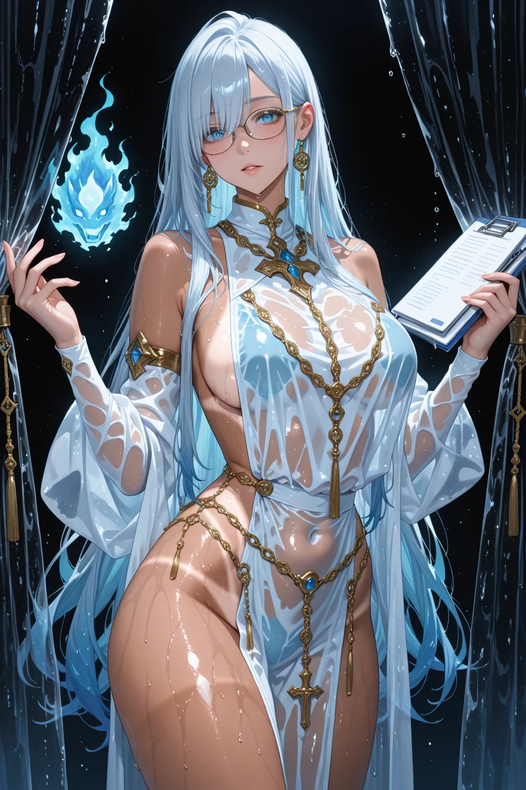 (masterpiece, best quality, high resolution, (huge breasts) 1 beautiful woman, full body white fantasy sage clothing, white sage hat, glasses, surrounded by floating magic books,(white background,Stickers.Redmond), ((full body stopped)),