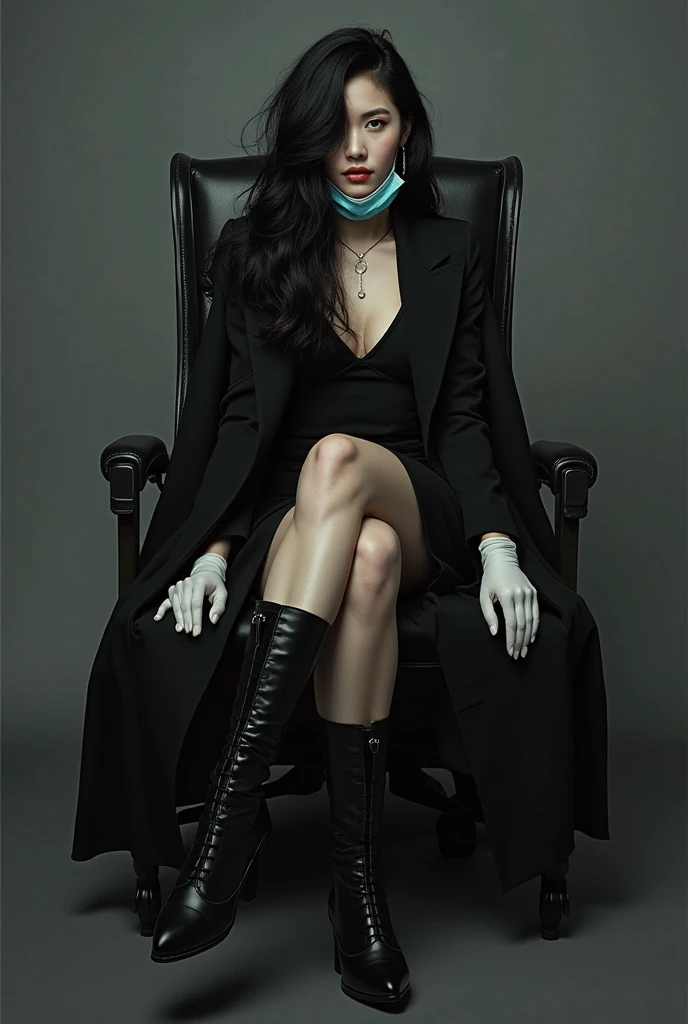 Bald woman with black veil posing full body in wheelchair smiling, pale skin, thin, very small breasts, neckline, black dress laced, sharp teeth, big black eyes, huge nails white, goth