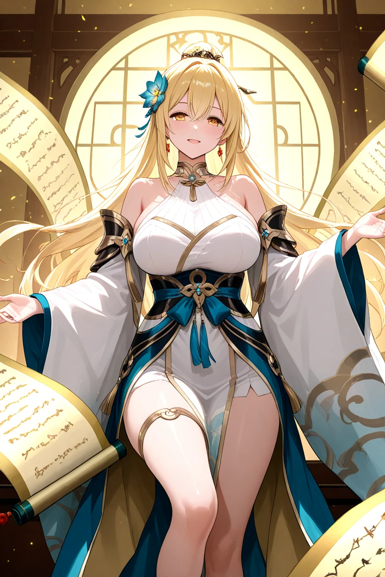 1girl, bright, blonde, long hair,, red eyes, moon motif, multicolored hair, saleme, head mask, side lights, light particles, wallpaper, big, plump, idol, swimsuit, loose, fluffy, quiet, smile, gentle, clear, sexy, teacher