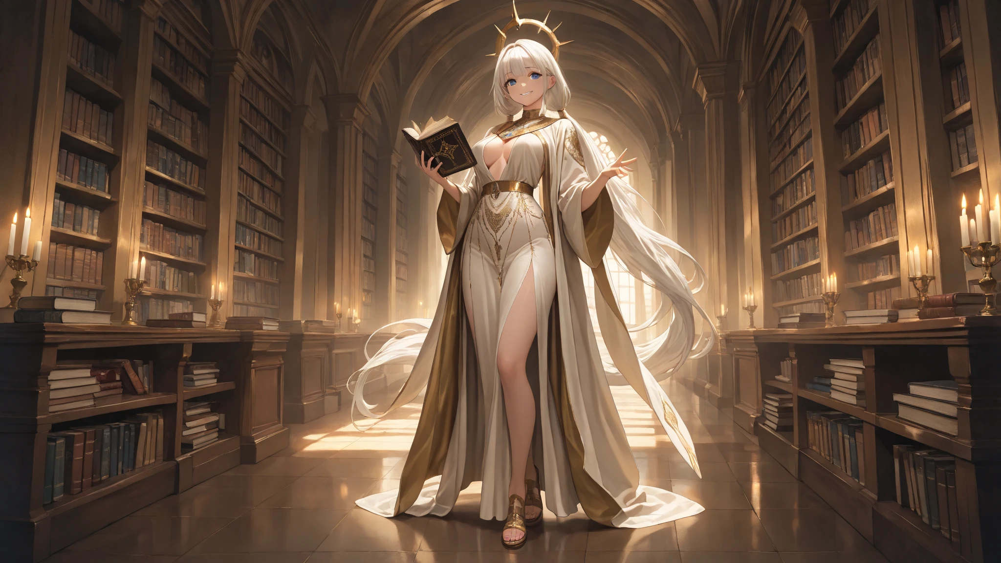 (best quality,4k,8k,highres,masterpiece:1.2), ultra-detailed, (realistic,photorealistic,photo-realistic:1.37), mature ebony-skinned female with long flowing silver hair, wearing a golden gilded form-fitting skimpy golden dress, curvy, has large black demon wings, has demonic horns, alluring gaze, dark skin tone, ebony skin tone, golden dress, dress made of gold, alone, solo, (ALONE)(SOLO), embroidered dress, reading a book