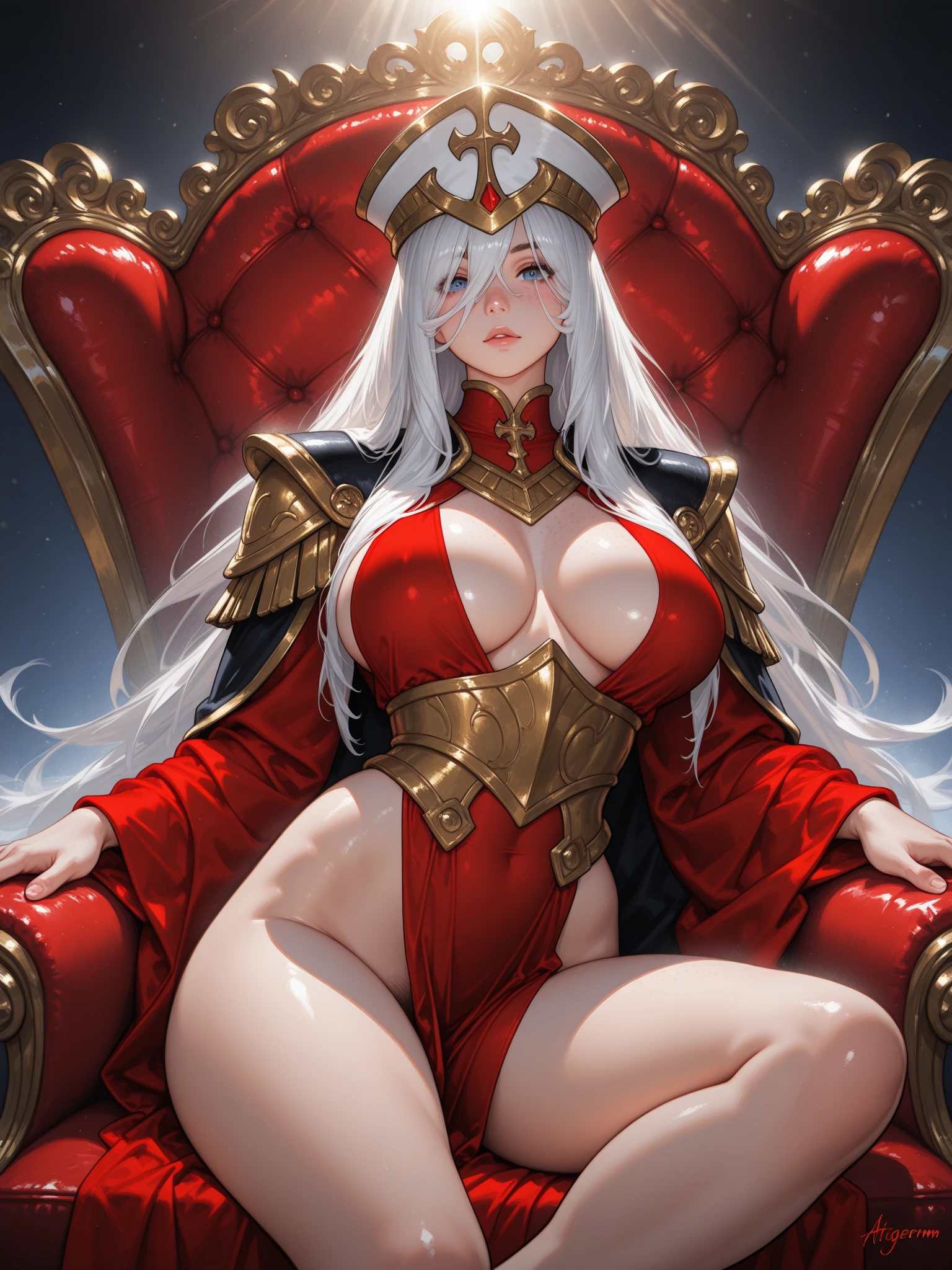 masterpiece, extra limbs, 1vampire lady, 250 years old,(light gold extra long hair), slant blank ruby red eyes, big breasts, muscle,(pale white finely detailed skin), (serious),(((clothed:1.5 Necromancer))),hair ornaments,earrings,cape,evil sword,crossed legs,sitting on throne,old castle,midnight