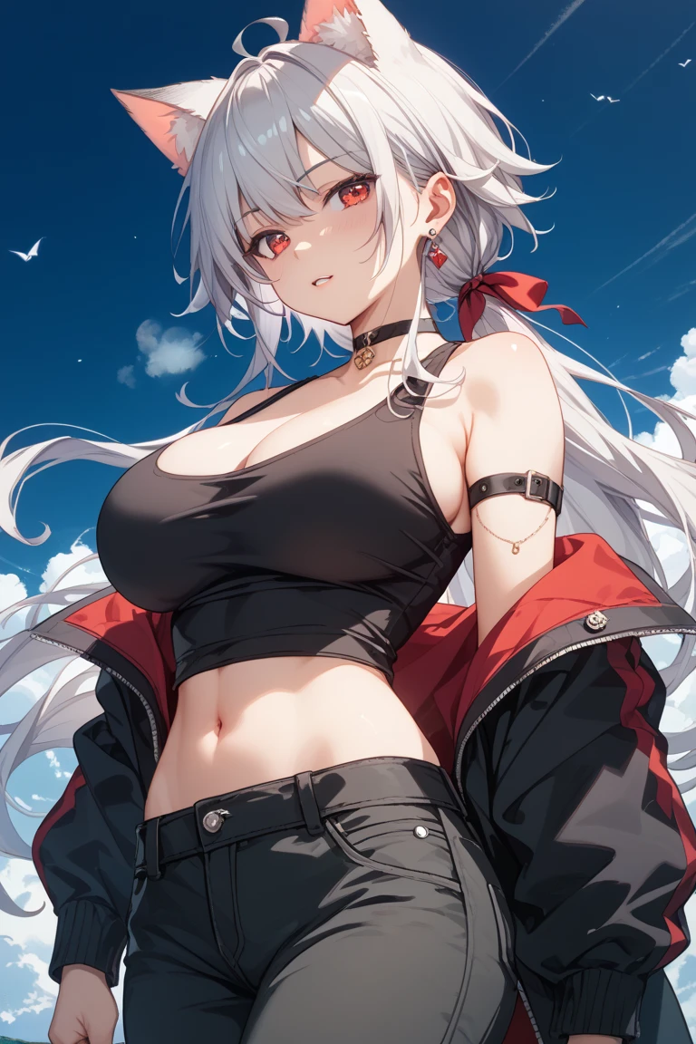 score_9, score_8_up, score_7_up,
1girl, alisa ilinichina amiella, solo,grey hair,long hair,blue eyes,hair between eyes, pantyhose,underboob,bare shoulders,black crop top,red headwear,red plaid skirt,