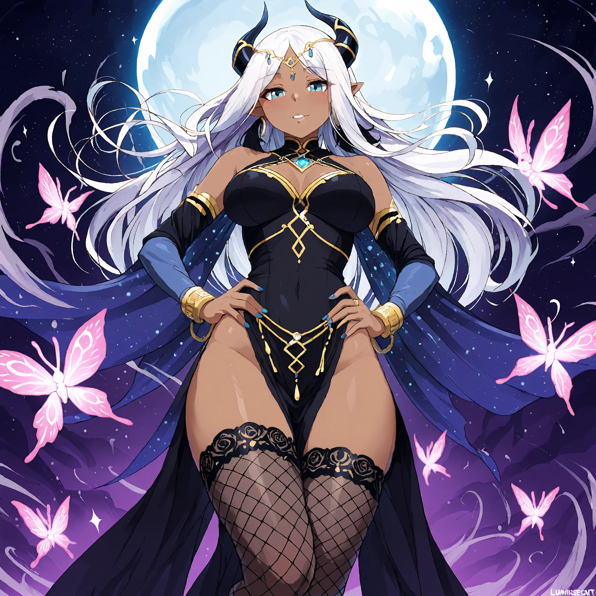 ((Highest quality)), ((masterpiece)), (detailed), (Perfect Face)、The woman is a dark queen with a black inverted crescent moon mark on her forehead, wearing a gorgeous, glittering black Gothic Victorian dress, a black veil, and a black see-through cape, as well as luxurious jeweled accessories.、The man is Demand, the dignified, evil, and powerful silver-haired demon king.、The Demon King of the Black Moon and the Dark Queen of the Black Moon having sex and making love、The woman is Black Serenity, the noble dark queen of the Black Moon clan and has blonde hair.2The woman with long hair tied up is Princess Serenity、A woman is embracing and having sex with a strong and evil demon king man.、The man is a strong and evil demon king who is embracing the woman and having sex with her.