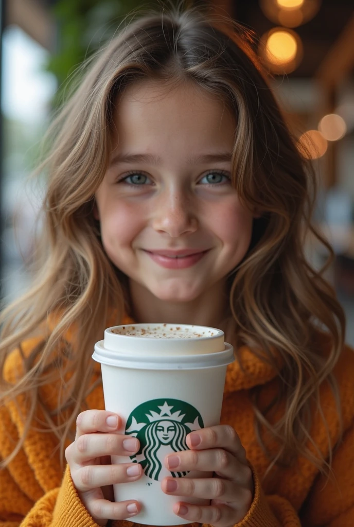 Sexy 16 young girl, brown hair, green eyes, , red dress  and bow  drinking  Starbucks 