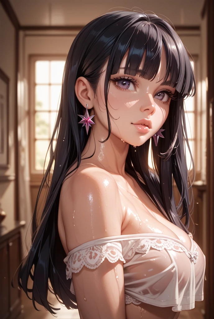 (Girl:1.5),race,ribbon,(masterpiece, Side Lighting, Beautiful detailed grey eyes: 1.2), Mid-chest, Realistic, Glowing Eyes,Shiny Hair,Black Hair,Long, long hair, Shiny skin, alone, Embarrassing,Strapless,Exquisite,beautifully,garden,Flowers,Fluttering petals, naked足, Cherry Blossom, Cinematic Light, Structure of the film, Rich Expressions,naked