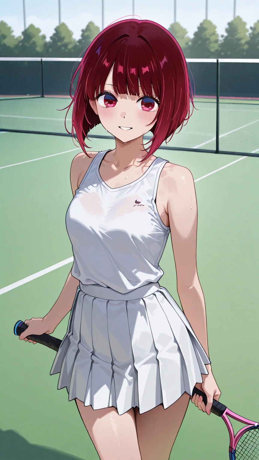 Red hair, plays tennis, smiles