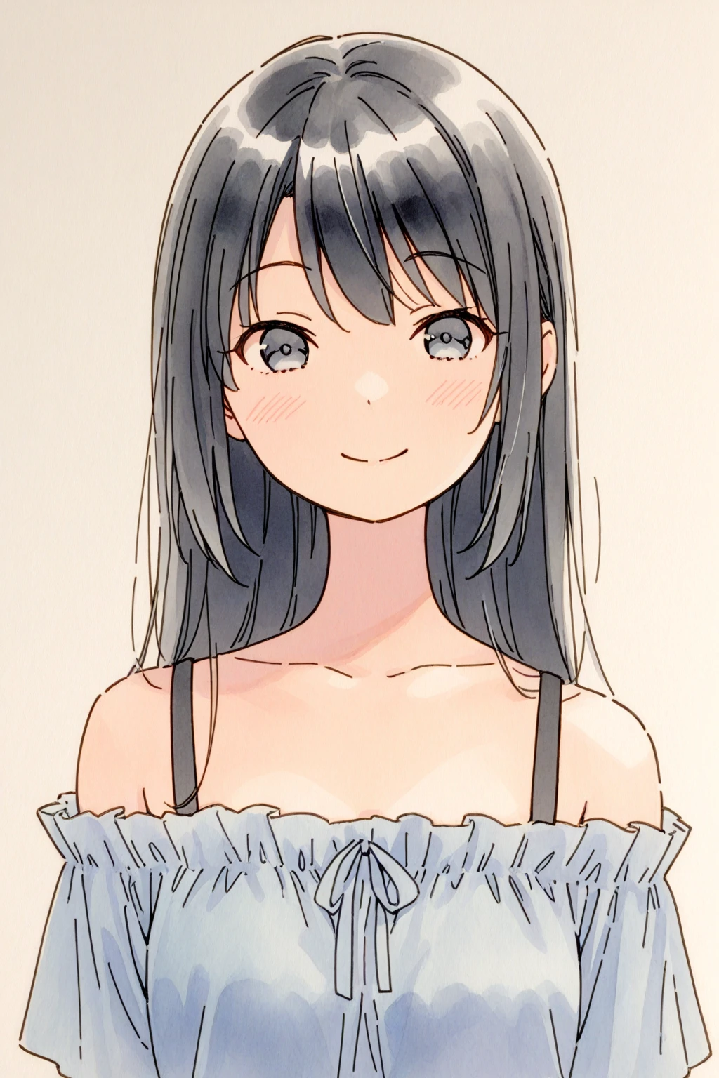 bangs, by sky-freedom, 1girl, solo, low-neck ribbed sweater, smile, bold outlines, simple background, white background, anatomy, upper body, flat, long hair, cleavage