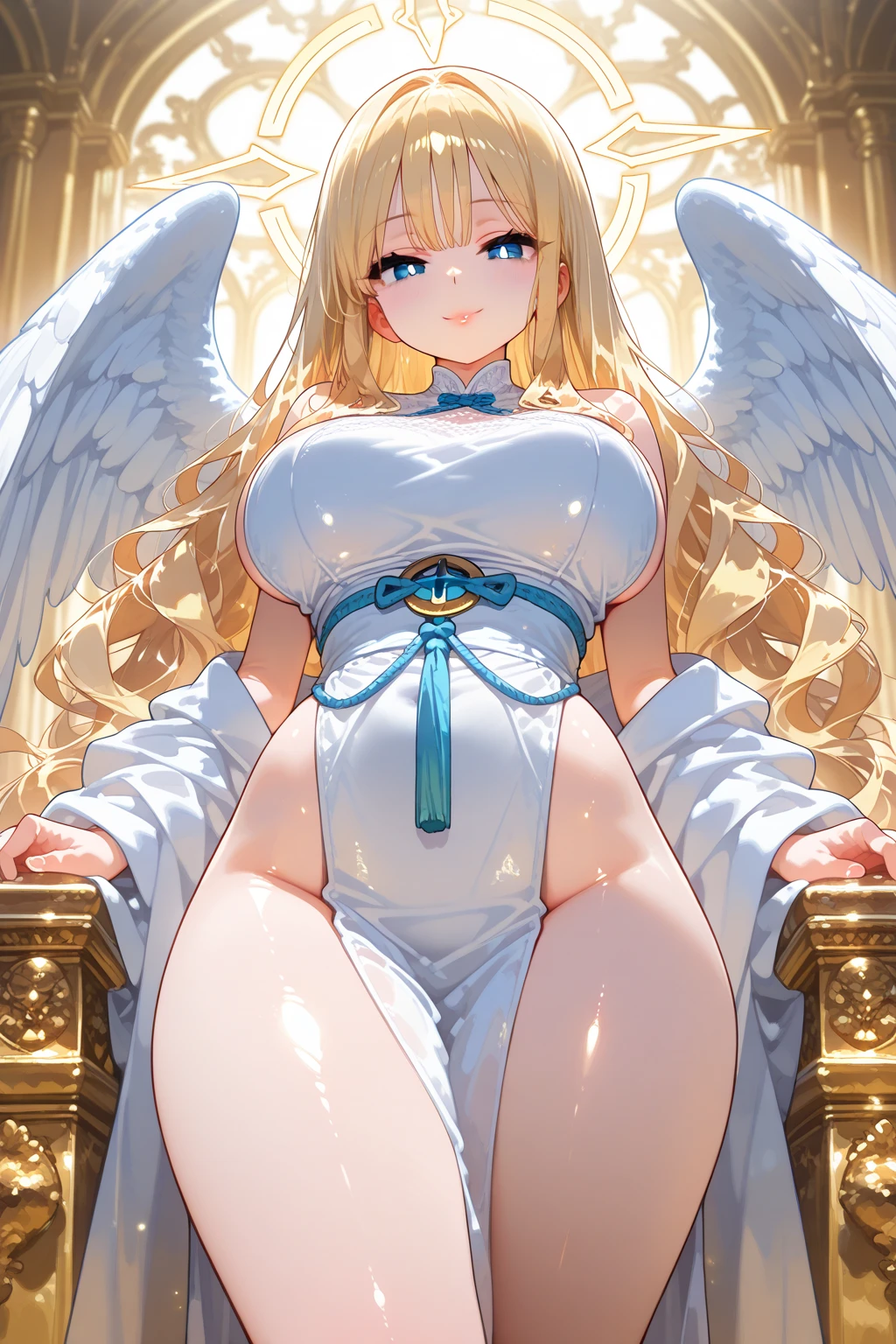 最high quality, high quality, 8K、High resolution,Highest quality、solo、Lying in bed、Beautiful body、白いビキニを着ているtallのadult female angel、胸にある大きな白い翼が特徴的なadult female angel、Thighs、tall、super Wide Angel, Open Mouth Smile、Thighs、Naturally Shaped Fingers、Long neck、from the front、Background of a bright room with a chandelier、belly button、Blonde hair and blue eyes、Majestic Angel, Anime Goddess, Wide Angel, thick, Beautiful and attractive anime woman, Huge and stunning goddess shots, Angel Adult Woman, adult female angel, She has angel wings on her back,Highly detailed goddess shot