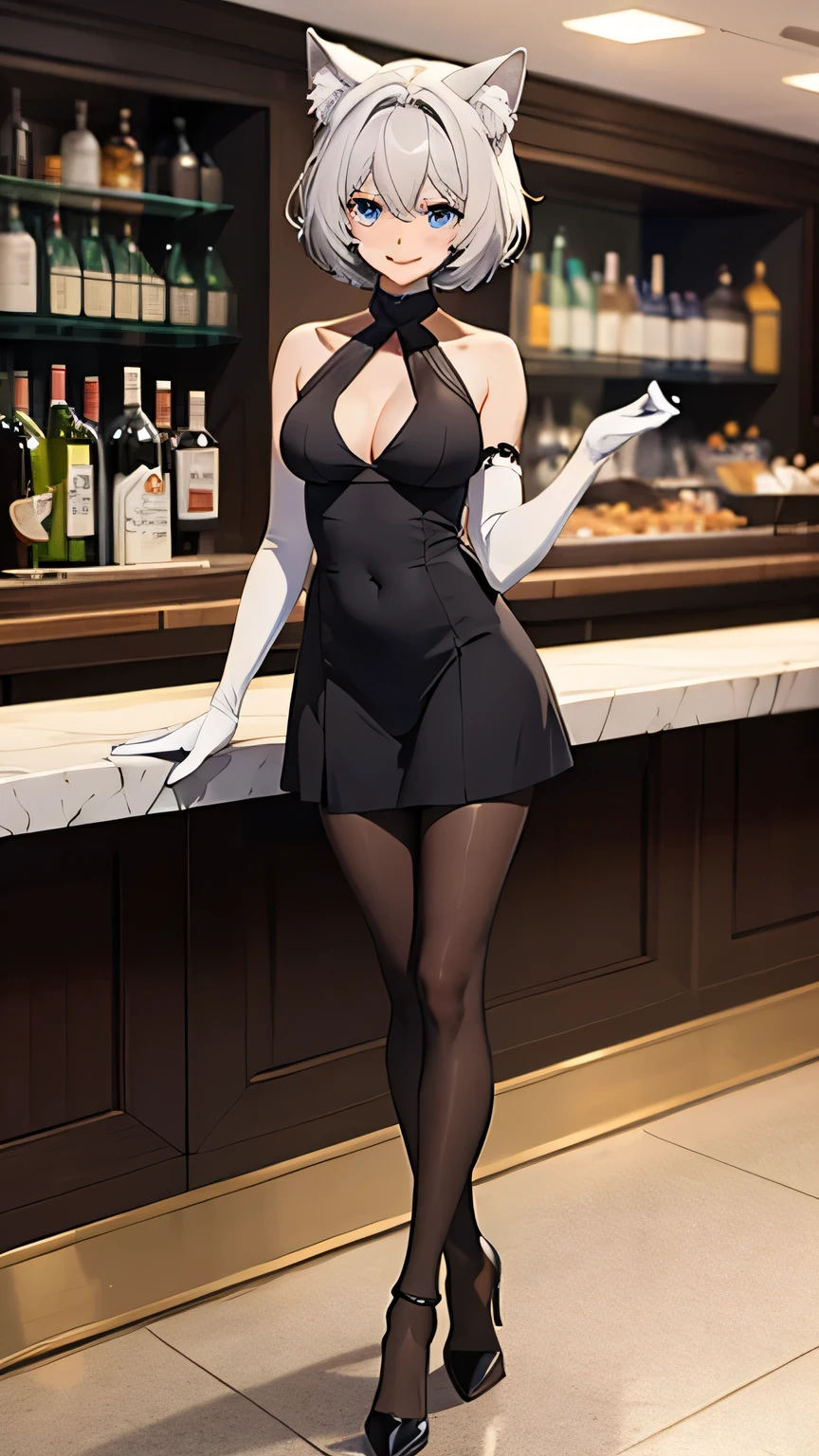 One girl, (Luna), Blonde, Folded ponytail, Side Lock, Yellow Eyes, smile, medium breasts, (black playboy bunny), (black fake rabbit ears), (black pantyhose), (black high-heels), standing, full body, indoor, cafe,
