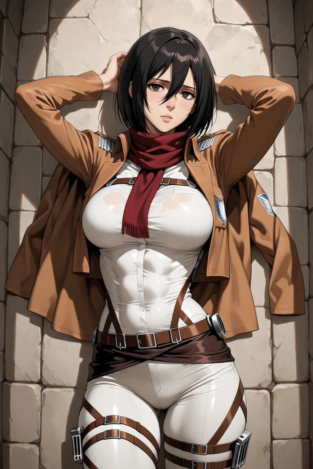 Mikasa Ackerman, the fierce and sultry warrior, stands tall, her naked body glistening with sweat. Her blade, held aloft in her powerful grip, reflects the light, as does the heat of her desire. Her fierce gaze, a mixture of lust and determination, speaks of the carnal battle about to ensue, and her aroused, dripping bichano, beckons for the thrust of her enemy's weapon.
