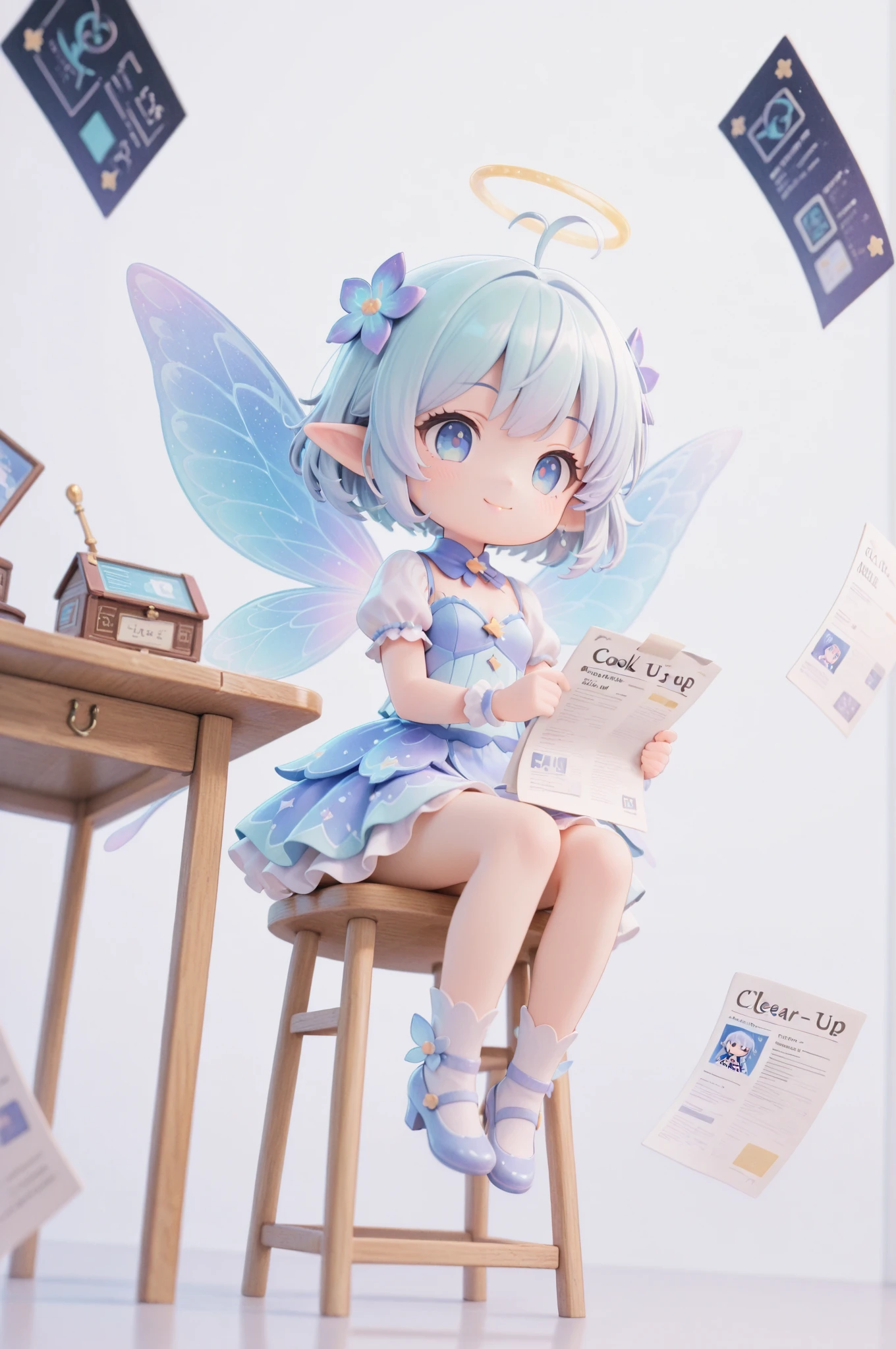 score_9, score_8_up, score_7_up, masterpiece, best quality, perfect facial features, highest resolution, 8k, amazing quality, detailed eyes, clear eyes, dynamic composition, dynamic pose, face clearly visible, close-up of face, low angle, turn your side, view from the side, turn only your face, face close, 1girl, solo, chibi, repochi, light blue hair, short hair, fairy wings, fairy, fairy girl, (fairy girl), repochi's clothes, fairy clothes, fairy dress, God's scribe, girl writing a report, girl writing on paper, sitting, table and chair, digital world, report floating, Smile, (((clear contrast between light and dark, cool color image)))