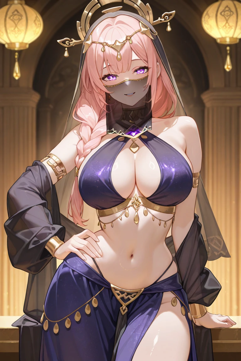 masterpiece, ((ultra detailed background, delicate pattern, intricate detail)), (highly detailed, fine details), best quality, beautiful lighting, (gigantic breasts)), NicoRobinV2, 1girl, black hair, long hair, solo, gigantic breasts, (smile), blue eyes, cleavage, closed mouth, hair slicked back, jewelry, collarbone, (arabian dancer outfit, see-through dress, crop top, bare shoulder, ("mouth veil")), (complex detailed background, inside, luxury palace), curvy, cowboy shot