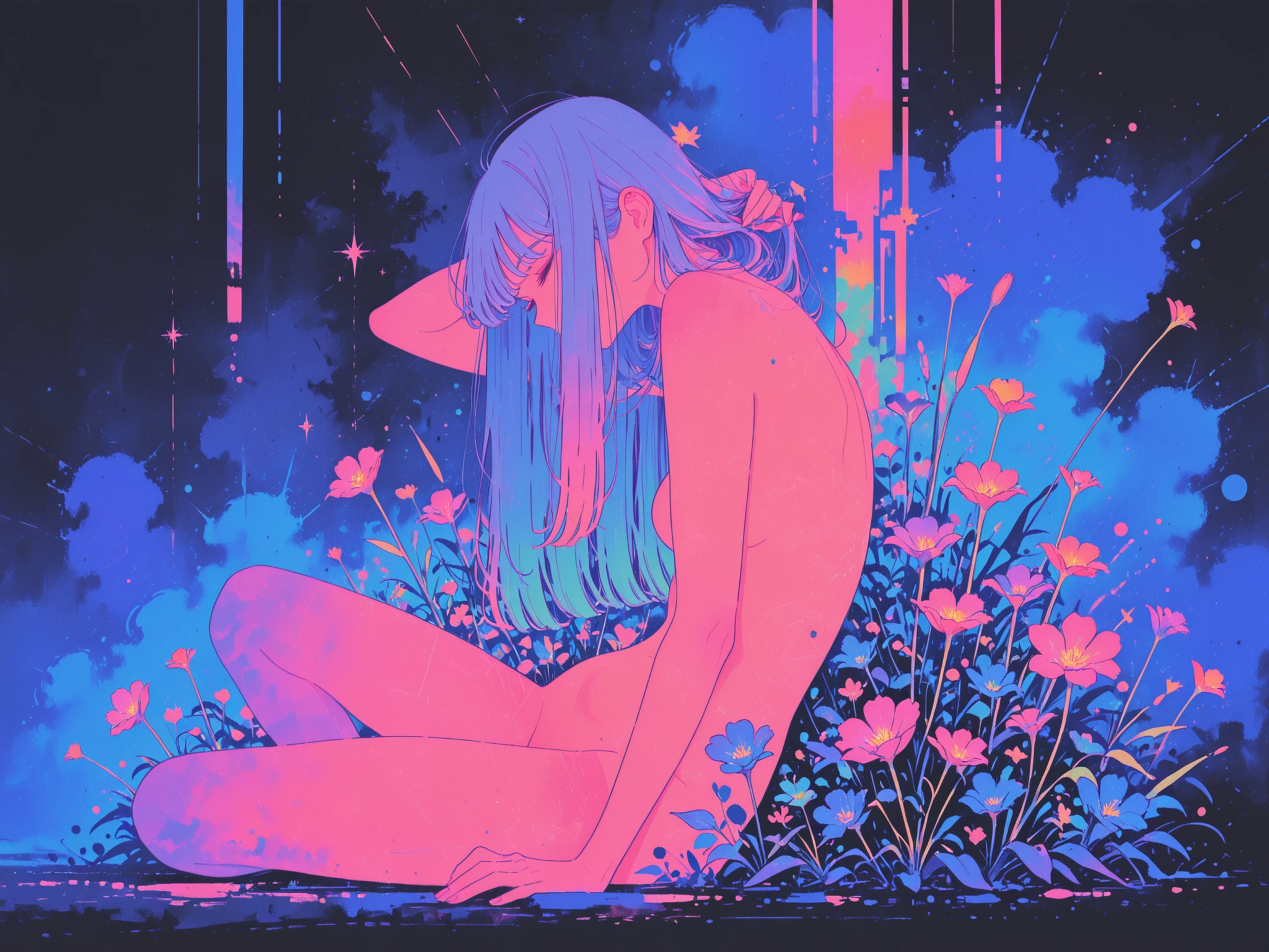 nude ((Abstract)) painting of a stunning beautiful woman ,subtle colors, minimalist, faint, , beautiful woman with long hair ultra detailed, , fantastic , flowers,