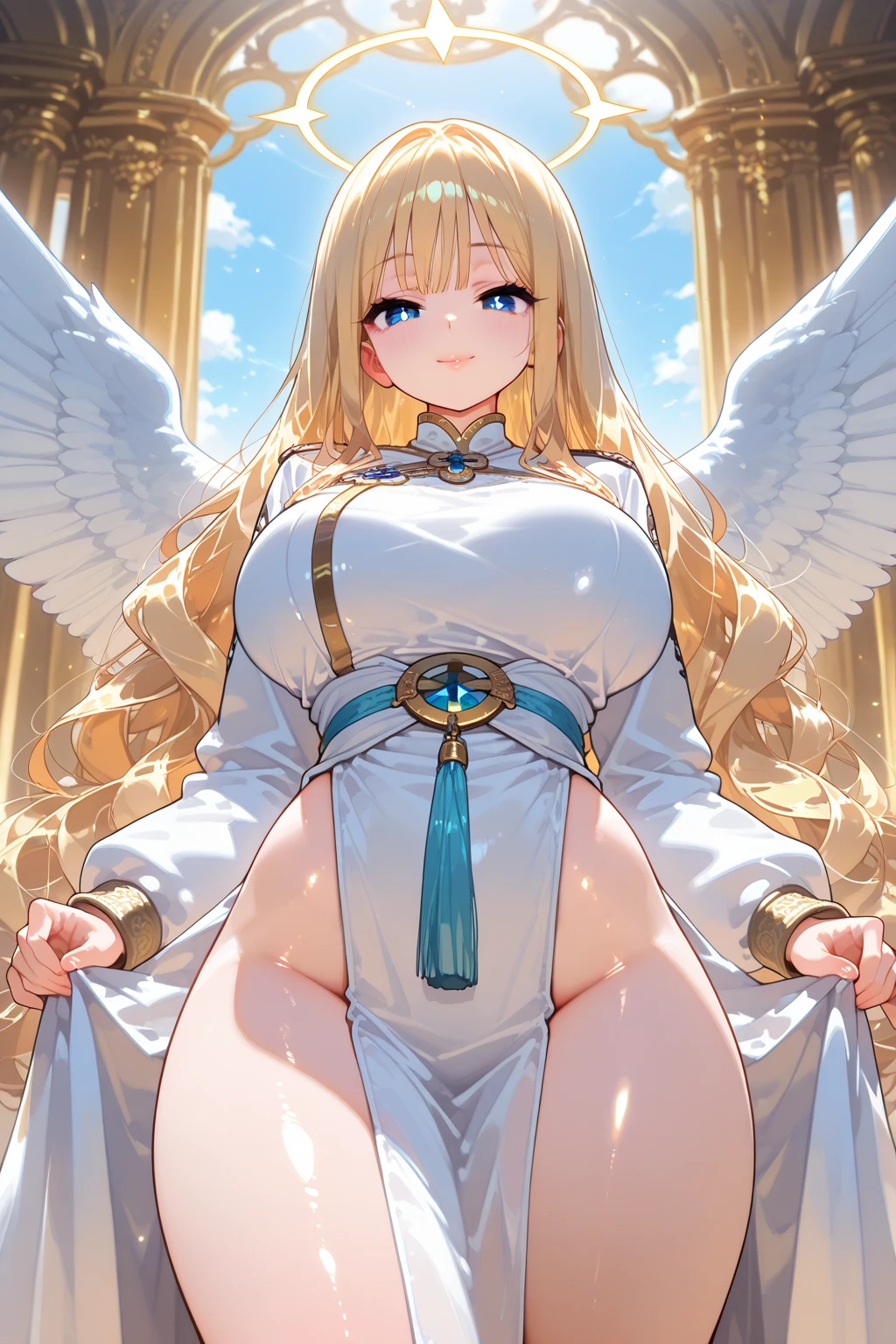 Angel, White clothes, blue eyes, Blonde, Long Hair, pussy, Transparent nipples, A gentle smile