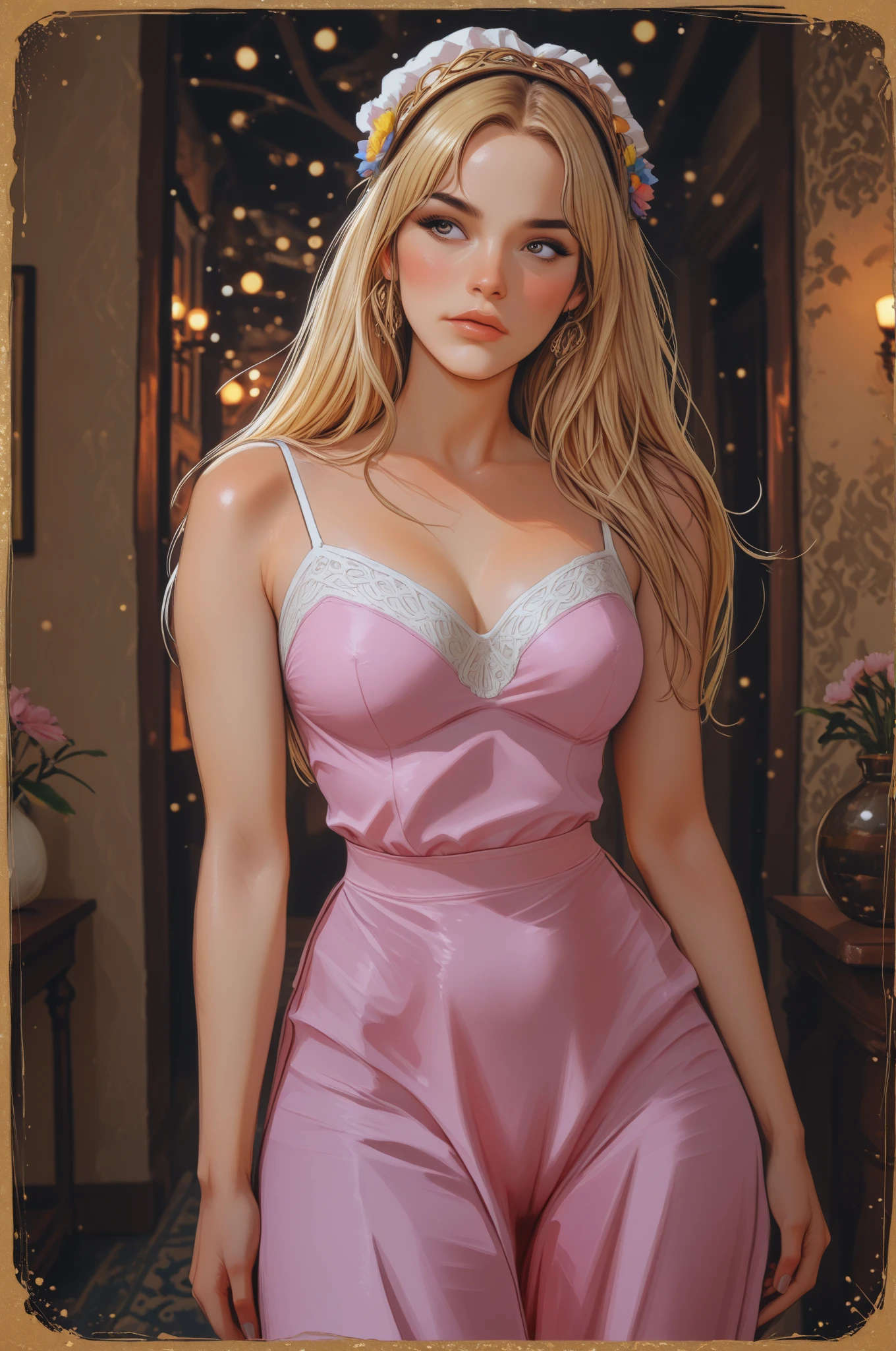 Sleeping girl, 22 years old, realistic, she is wearing pink skimpy pajamas, blonde hair.