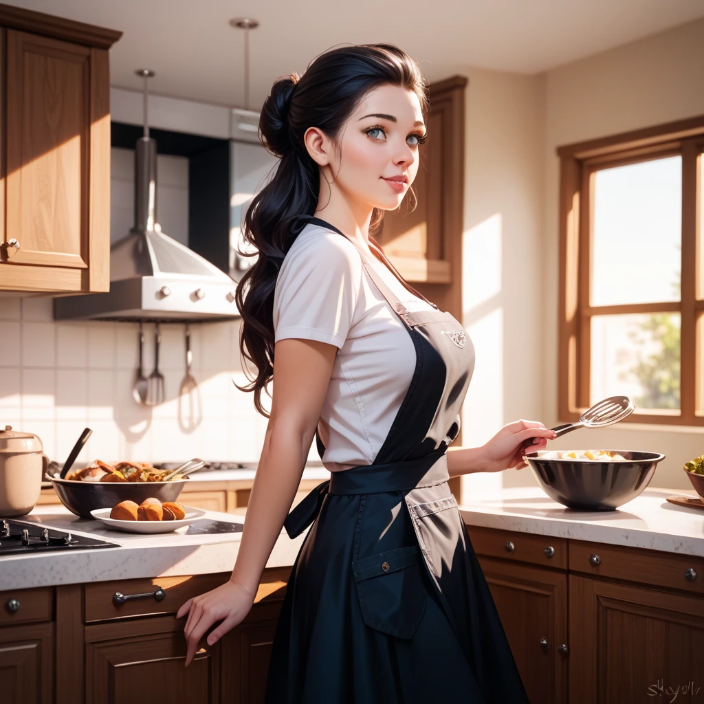 long black hair、 Extremely detailed 8K, Beautiful girl with slim body, (Ultra HD, Super detailed, Very detailed, Very realistic, Ultra-realistic, Photo Real), (One girl:1.5),Cleavage、White T-shirt、 Blue check apron、