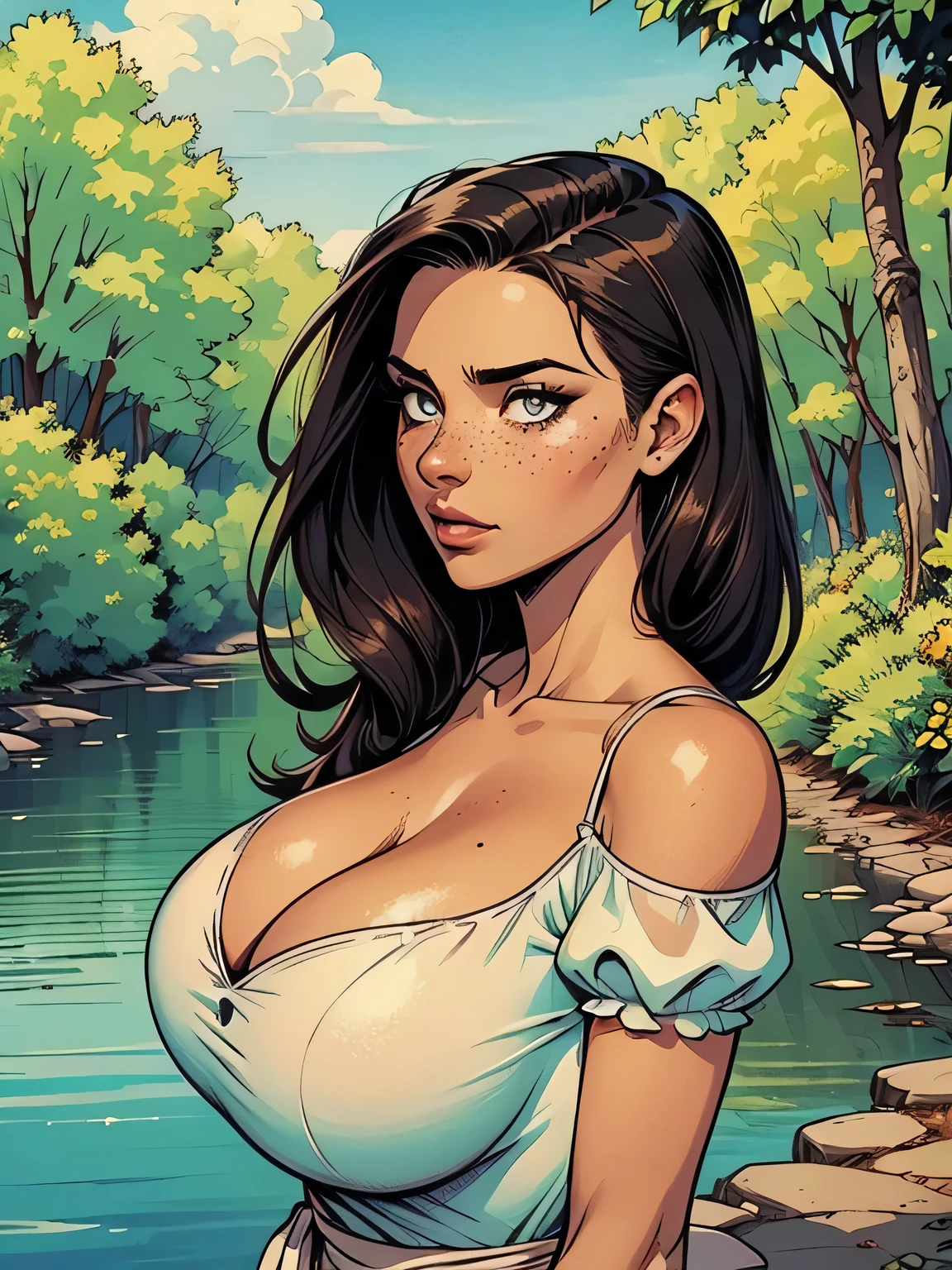 Gorgeous and sultry busty athletic (thin) brunette with sharp facial features and a (large nose) and (huge boobs) wearing a pale yellow sundress, long dress, skindentation, cleavage, park, lake, picnic