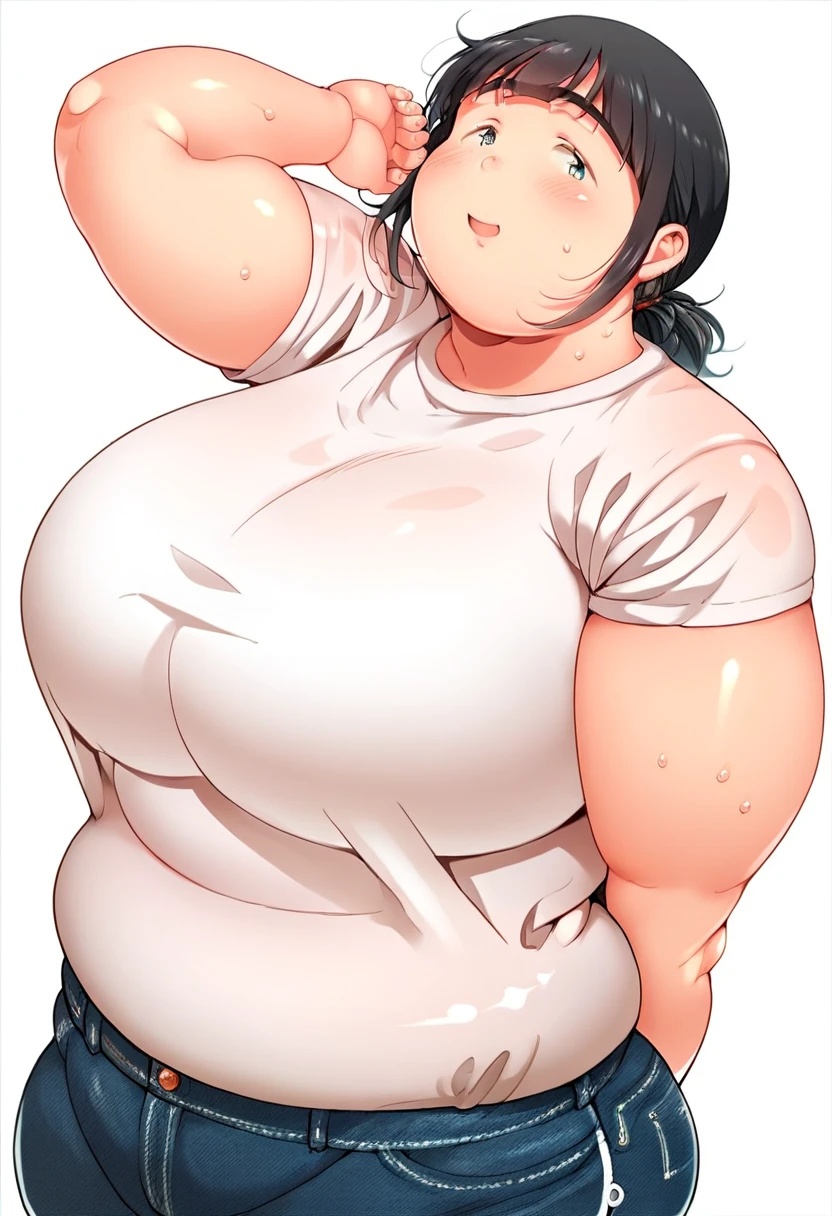 Woman wearing culottes(()),Brown Hair,Light brown eyes,Twin tails,Thick bones,Medium Hair,Curvaceous body(()),Blushed,Captivating look((Look forward)),Smooth and thick thighs,Chubby!!,Sweat,vapor,Wide torso,Wearing a white sports bra,