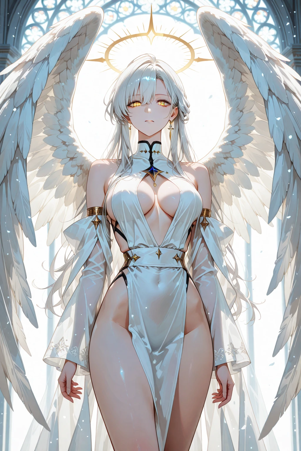 Fox girl with nine fluffy tails, extreme muscular body, huge breasts and angel wings.