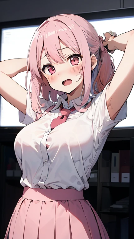 nsfw,((Masterpiece)),((high resolution)),((Best Quality)),Anime illustration,(((1girl))),(wavy hair),(short hair),(pale pink hair color),small ponytail,Red eyes,(Big round eyes),((tareme)),12 years old,((loli face)),orgasm,drunken eyes,((very big breasts)),Short stature,Young,,,cardigan,mini skirt,Feeling embarrassed,Are crying,classroom,thighvibe,vibrator in thighhighs,rope bondage,arms behind back,bound arms,bound breasts,restrained,