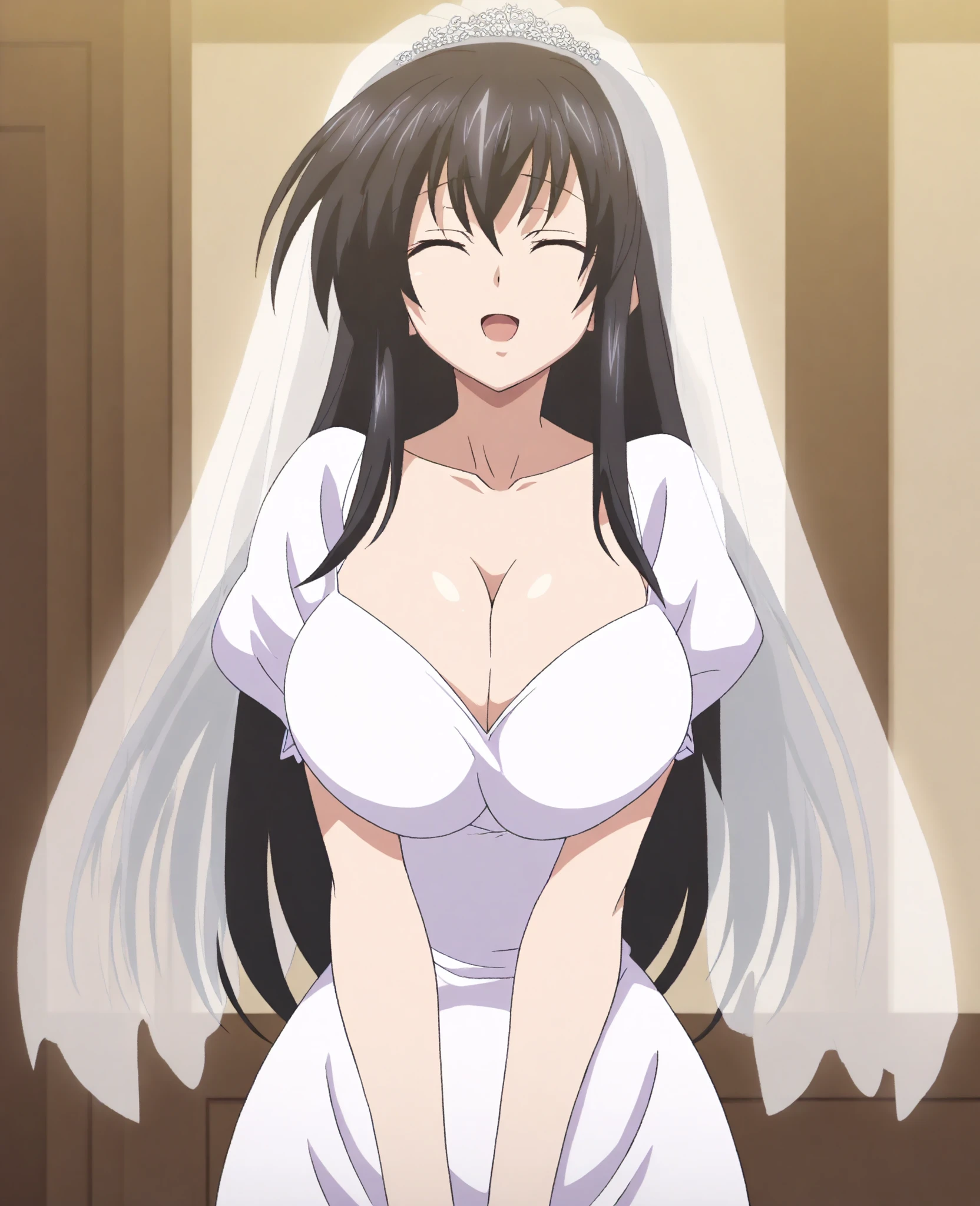 mature women,milf,large breast,beautiful face,long hair, shiny hair, green eyes,high detailed,black hair, hair over one eye,masterpiece,perfect anatomy,cleveage,glasses,stand pose,hair ornament,cowboy shot,smile,Off-the-shoulder white wedding dress, Snow White Veil, choker, silver tiara, necklace, earrings