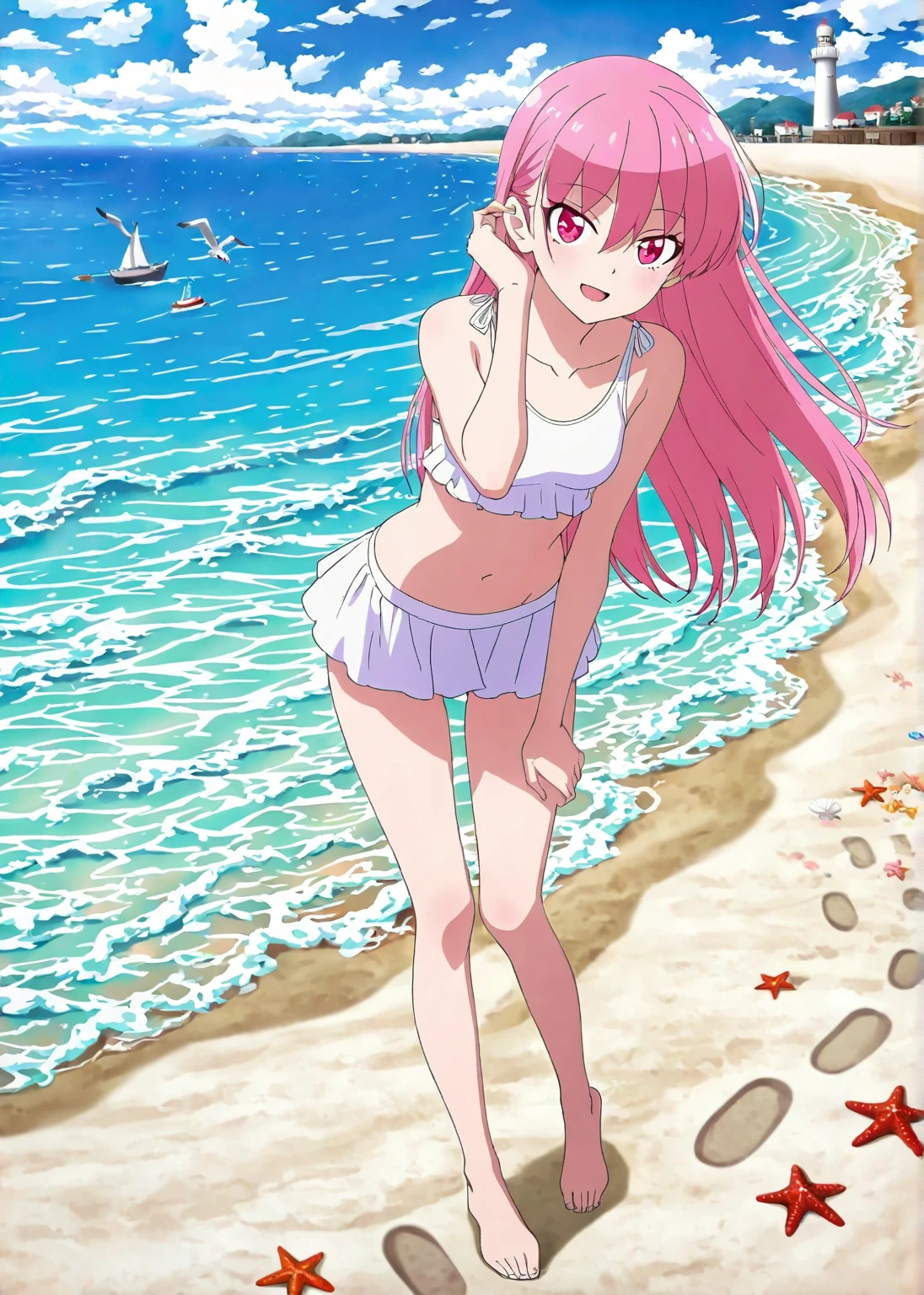 Random patterned swimsuit、Random patterned swimsuit,Swimsuit,Blushing、Medium semi-long hair、Pink Hair、Pale pink eyes 、Head to toe full body、Blushing、Embarrassed look、Composition from the front、A view from slightly below、school swimwear、Acme Face、Random pose、, 、nsfw、Highest quality、1 girl、solo、Ocean、Sandy Beach、Sexy pose、Random pose、Blushing、wet、Embarrassed、I can see half of my 、、One piece swimsuit、(Strap slip:1.3)、