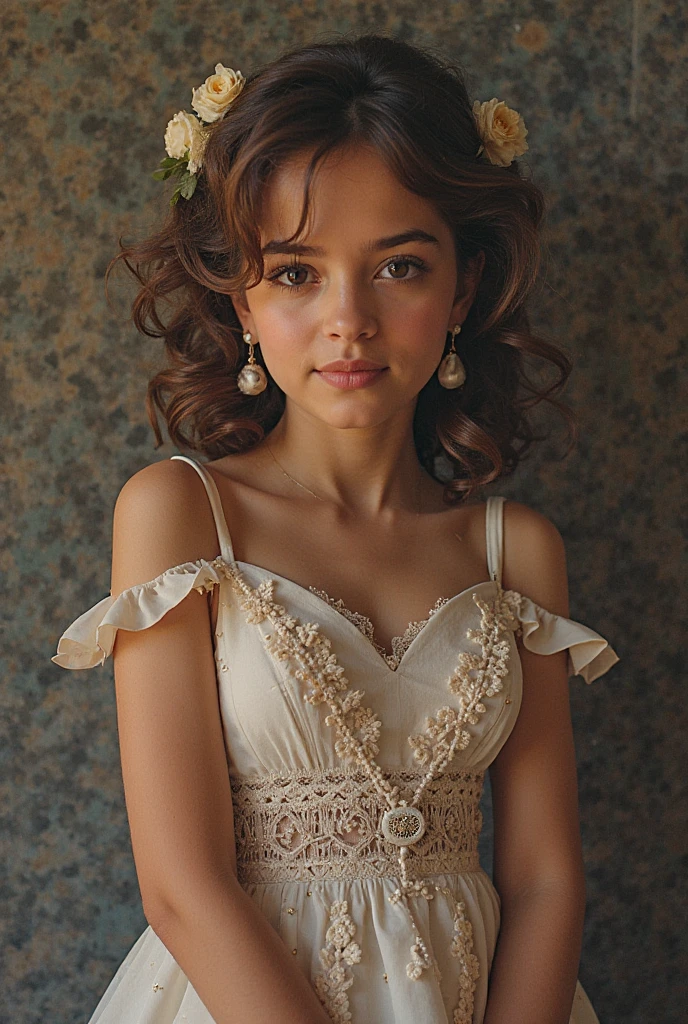 best quality,ultra-detailed,realistic,portrait,girl,maid dress,beautiful detailed eyes,beautiful detailed lips,soft curly hair,delicate facial features,gentle expression,clean and tidy room,floral decorations,sunshine streaming through the window,subtle warm colors,homely atmosphere