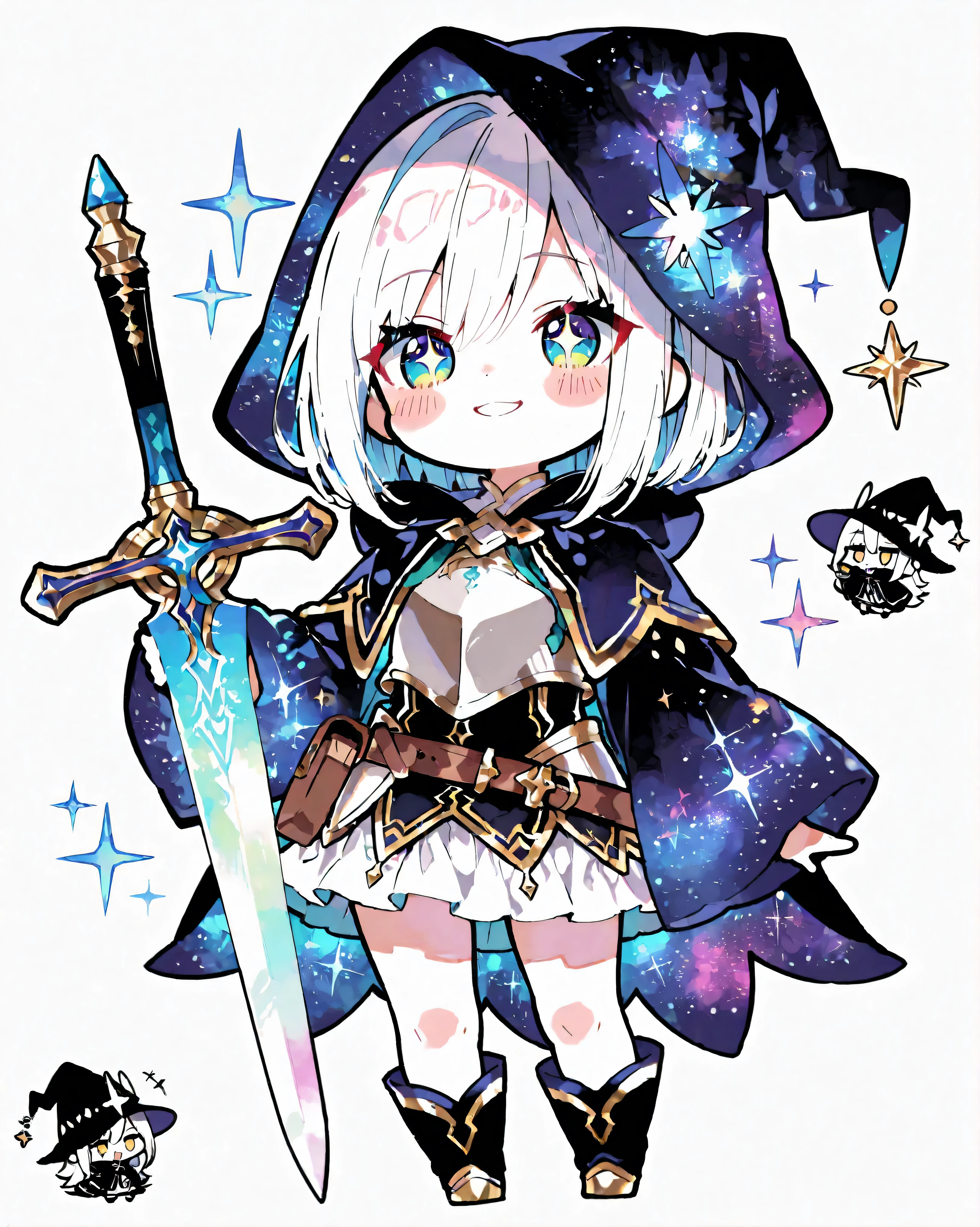 masterpiece, best quality, super-deformed (SD), mini character style, chibi chibi, style of Kei Mochizuki, style of Kei Mochizuki /k.s†
Create a high-quality illustration of a adorable chibi fantasy character. The character should have a cute, expressive face with big sparkling eyes, a small nose, and a cheerful smile. The character should be dressed in a colorful fantasy outfit, such as a tiny mage robe with magical accessories, or a cute knight armor with a tiny sword. The character's proportions should follow the chibi style with a large head, small body, and exaggerated features, but all details must be clearly visible and not cut off. The character should be centered in the image, occupying about 70% of the frame, with enough space around for a balanced composition. The background should be plain, bright white, simple, and clean to emphasize the character. Ensure the illustration has a soft, vibrant color palette, with smooth shading and a cute, whimsical vibe