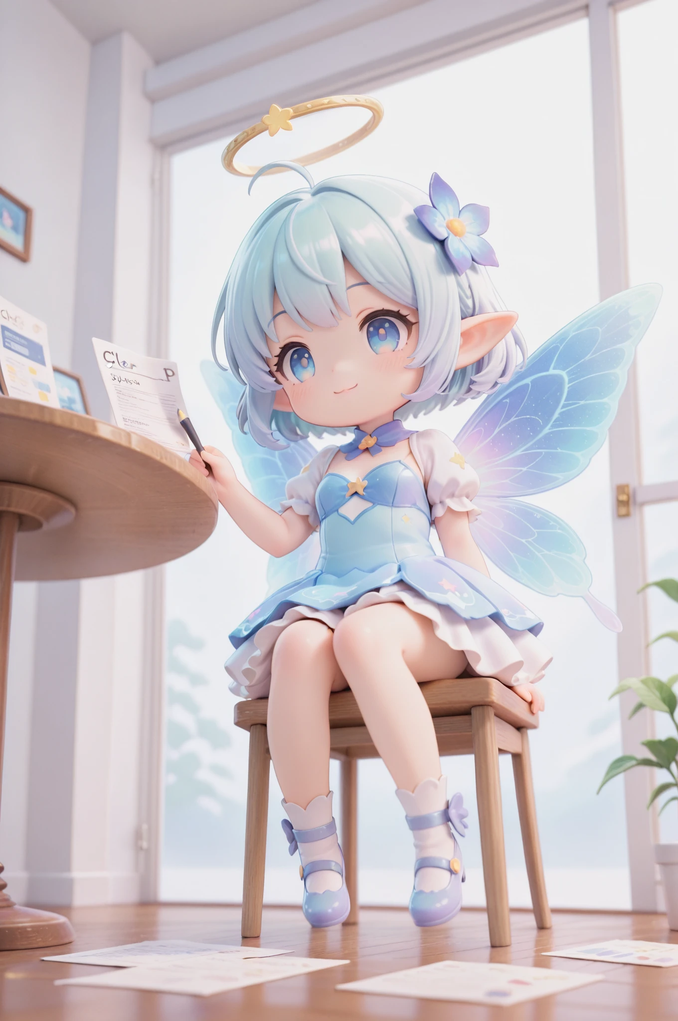 score_9, score_8_up, score_7_up, masterpiece, best quality, perfect facial features, highest resolution, 8k, amazing quality, detailed eyes, clear eyes, dynamic composition, dynamic pose, face clearly visible, close-up of face, low angle, turn your side, view from the side, turn only your face, face close, 1girl, solo, chibi, repochi, light blue hair, short hair, fairy wings, fairy, fairy girl, (fairy girl), repochi's clothes, fairy clothes, fairy dress, God's scribe, girl writing a report, girl writing on paper, sitting, table and chair, digital world, report floating, Smile, (((clear contrast between light and dark, cool color image)))