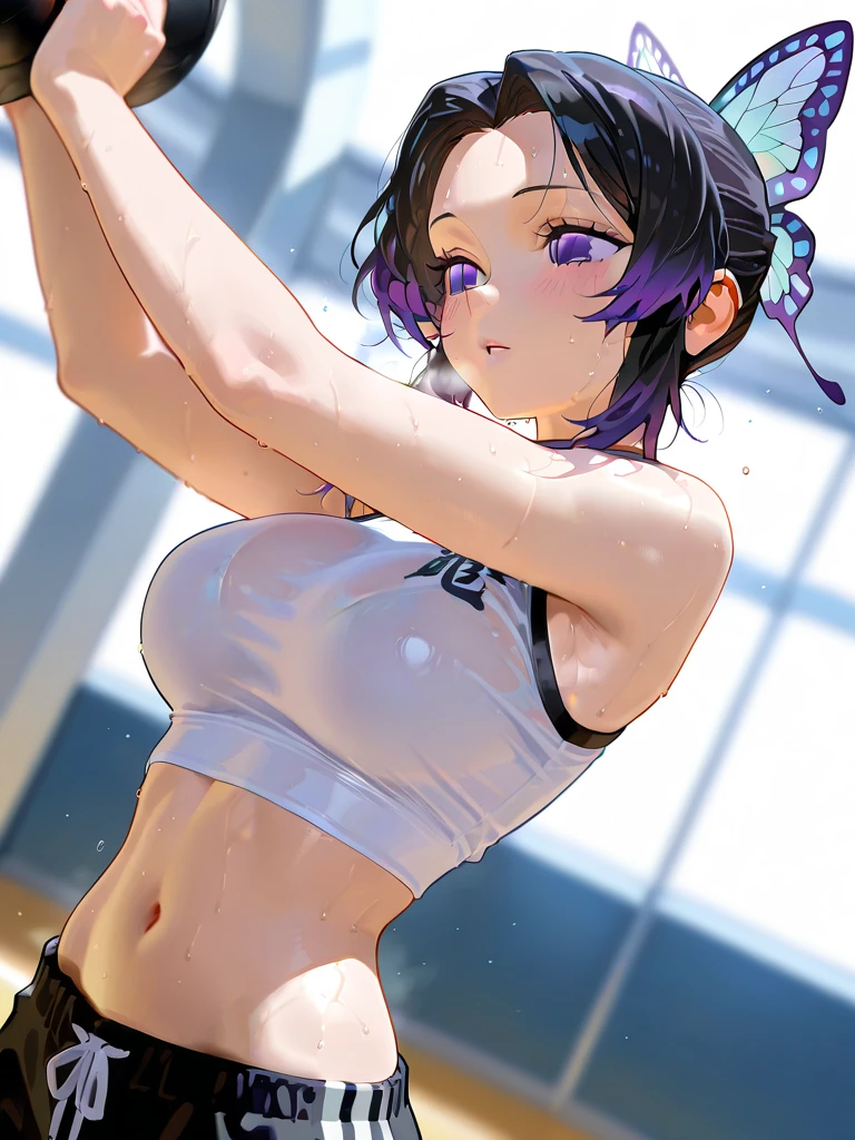 17 year old girl, Pelo largo y blanco, purple eyes, Orejas de gato, Superhero uniform, shorts, sin mangas, vientre abierto, Sideboob interno, sonrisa afectada, slim build, cuerpo perfecto, senos grandes, Obra maestra, alta calidad, Ultra detallado, fotorrealista, vivid colors, Studio lighting, Retratos, foco nítido, physically based representation, Bokeh, purple color palette, Soft lighting