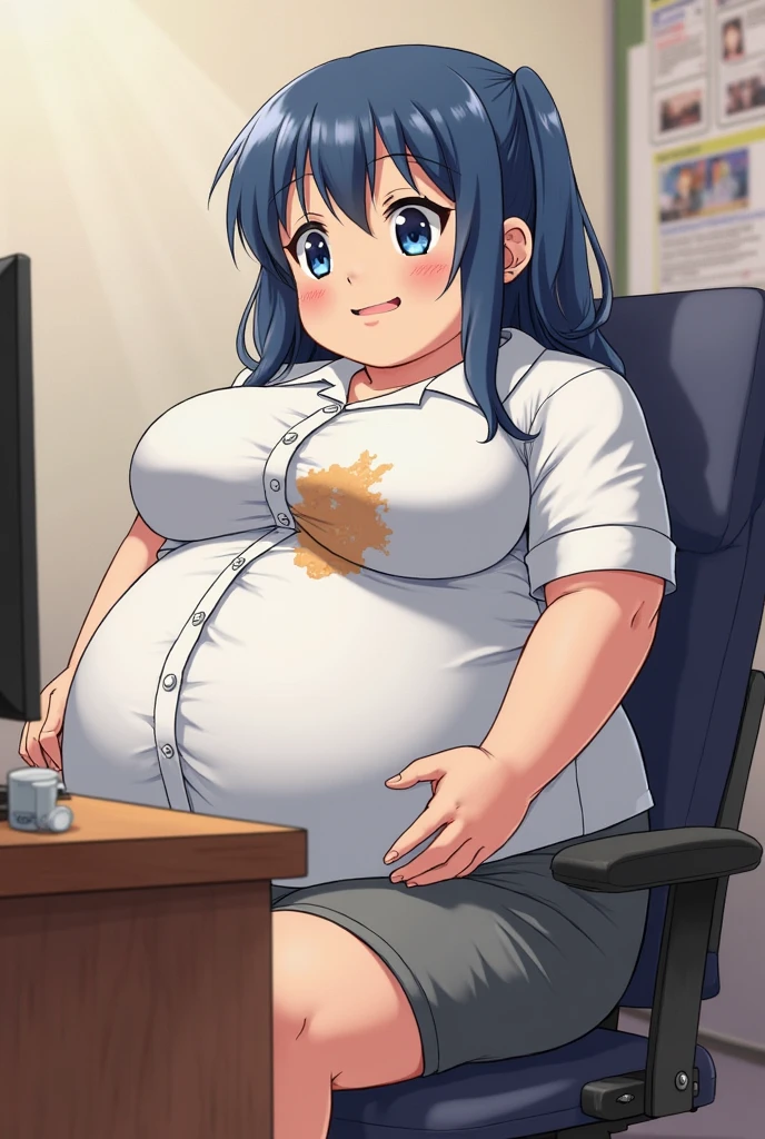 (masterpiece, best quality), 1girls, big belly, blurry background, huge belly, art by kipteitei, round belly, chubby, curvy, white button-up shirt, skirt, thighhighs, simple_background, gradient_background, belly bursting out of shirt, belly grab, enormous belly, fat belly, thicc, bigger belly, sitting on chair, really big belly, jiggly belly, shirt covering belly, belly cover by shirt