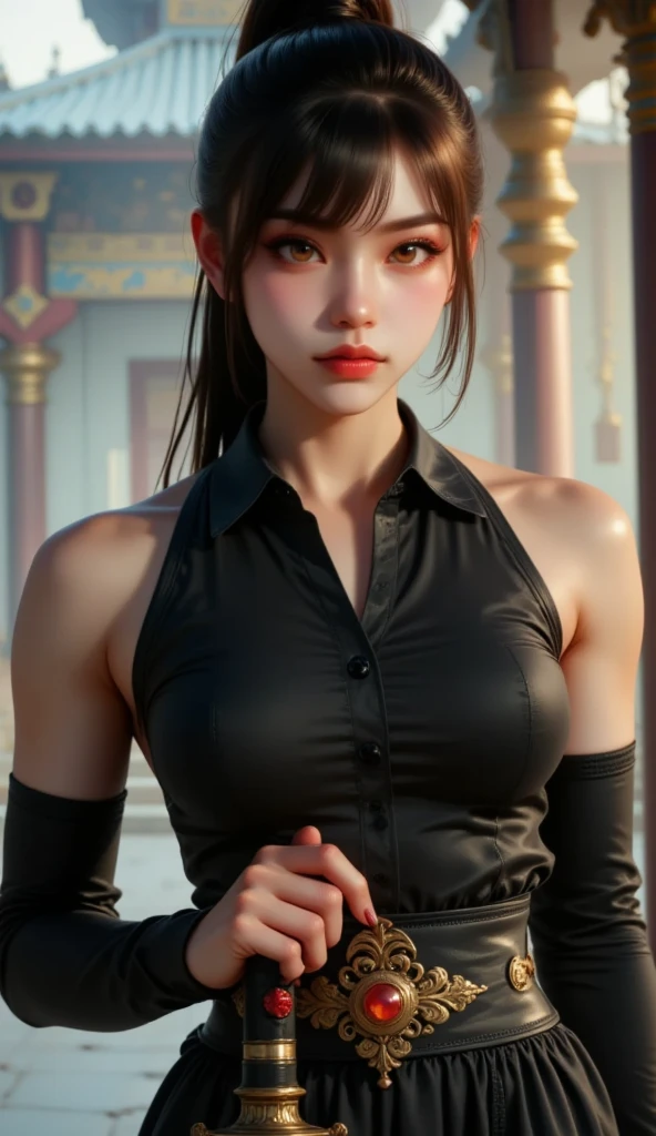 Red skin, big boobs, puffy puss, long black hair, muscular