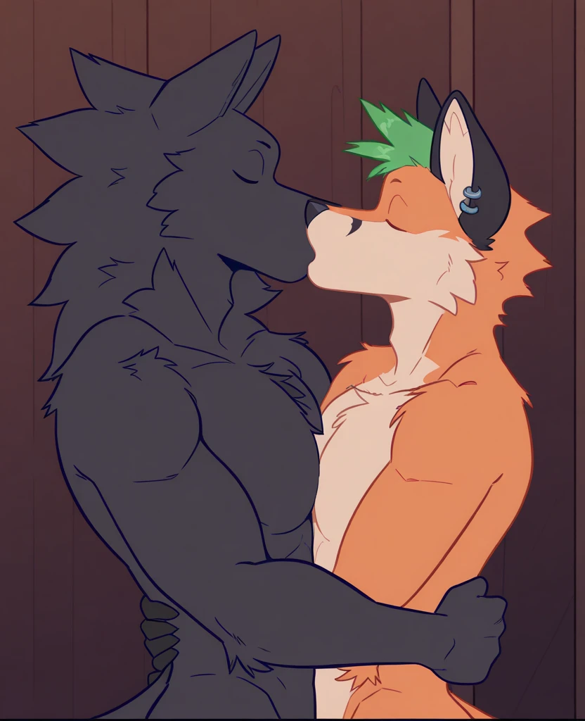 smaller kneeling african wild dog wearing red glasses, sucking the bigger and taller, light brown, dominant EEVEE's big penis, dark room,