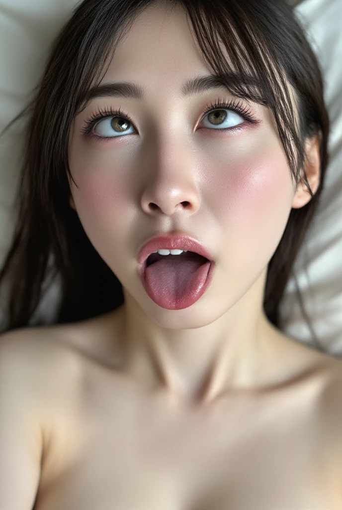 Taylor Hill、High resolution realistic photos,8K,Realistic skin texture,to be born々New People々々々,1 Girl,Tabletop,,Awards - Winning Photos, Very detailed, Focus your eyes, Nose and mouth,Face Focus, Extreme close up of face、Woman with open mouth and closed eyes, Black camisole、20-year-old,Black-haired、Symmetrical face,Realistic nostrils、Angle from below、Elongated C-shaped nostrils,((Gray background))、Sweaty skin、Lighting that emphasizes glowing skin caused by sweat、((Sharp Nose))Skin shiny with sweat、Shiny skin、Sweaty hair、sunlight、(Brow wrinkles)((Frowning))(cum on tongue)、Deep Kiss、((Thin eyebrows))((Oily skin、Glowing Skin))、double eyelid、Wet and shiny tongue、Tied Hair、updo、Lift your head(((Long Tongue, Saliva trace)))