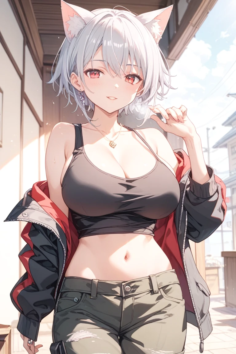Highest quality, 4K, masterpiece, art, anthropomorphic white fox, not human, Not a man, not human face, Correct Anatomy, Correct finger, white wool, white clothes, jeans (white), Jacket (white), fursona art, Incredibly large breasts (Covered), simple white background, white white, Green Eyes, Cunning look  