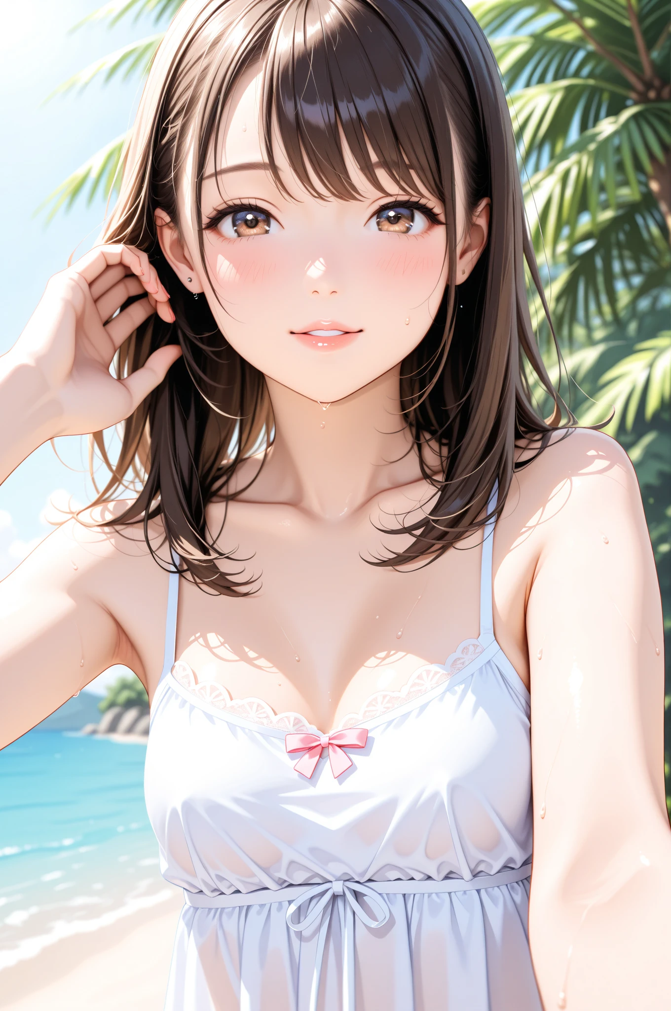 (masterpiece:1.2, Highest quality), (Realistic, photoRealistic:1.4), Beautiful illustrations, (Natural Side Lighting, Cinema Lighting),
View your viewers, 1 girl, Japanese, Junior high school girl, 14 years old, Perfect Face, cute and symmetrical face, Glowing Skin, thin,
(Mid-length hair:1.2, Half Up:1.4, Light brown hair), Asymmetrical bangs, Brown eyes, Long eyelashes, (Mid-chest:0.7),
Beautiful Hair, Beautiful Face, Beautiful details, Beautiful clavicle, Beautiful body, Beautiful fingers, (((Panties are visible))) ((Very large saggy tits)), ((In underwear、White lace underwear))((Fullback panties))Underarm , Slightly , Very large breasts, Full body angle, 14 year old woman , Thick thighs
((Detailed cloth texture)),
(Beautiful views), evening, (River side), Are standing, (cute, cute smile, Upward glance),