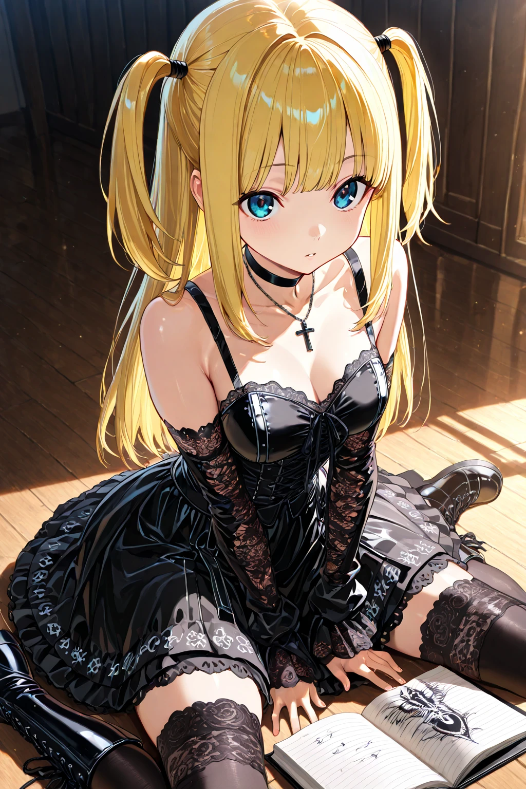 misaamane, misa amane, long hair, bangrown eyes:1.7), (yellow hair:1.5), blunt bangs, (two side up:1.5), red lips, lipstick, solo, 1girl,
BREAK thighhighs, dress, jewelry, collarbone, boots, detached sleeves, choker, black thighhighs, necklace, black footwear, black dress, sleeveless dress, garter straps, black choker, short dress, floral print, cross, red nails, cross necklace,
BREAK looking at viewer,
BREAK indoors,
BREAK (masterpiece:1.2), best quality, high resolution, unity 8k wallpaper, (illustration:0.8), (beautiful detailed eyes:1.6), extremely detailed face, perfect lighting, extremely detailed CG, (perfect hands, perfect anatomy),