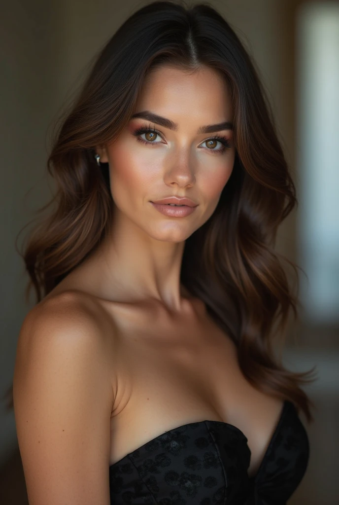 a very realistic and detailed photo of beautiful young french woman, tight black dress, perfect makeup, long straight sleek brown hair, high quality, photorealistic, 8k, luxury, elegant, sophisticated, confident, studio lighting, cinematic, glowing skin, piercing eyes, full lips, sharp focus